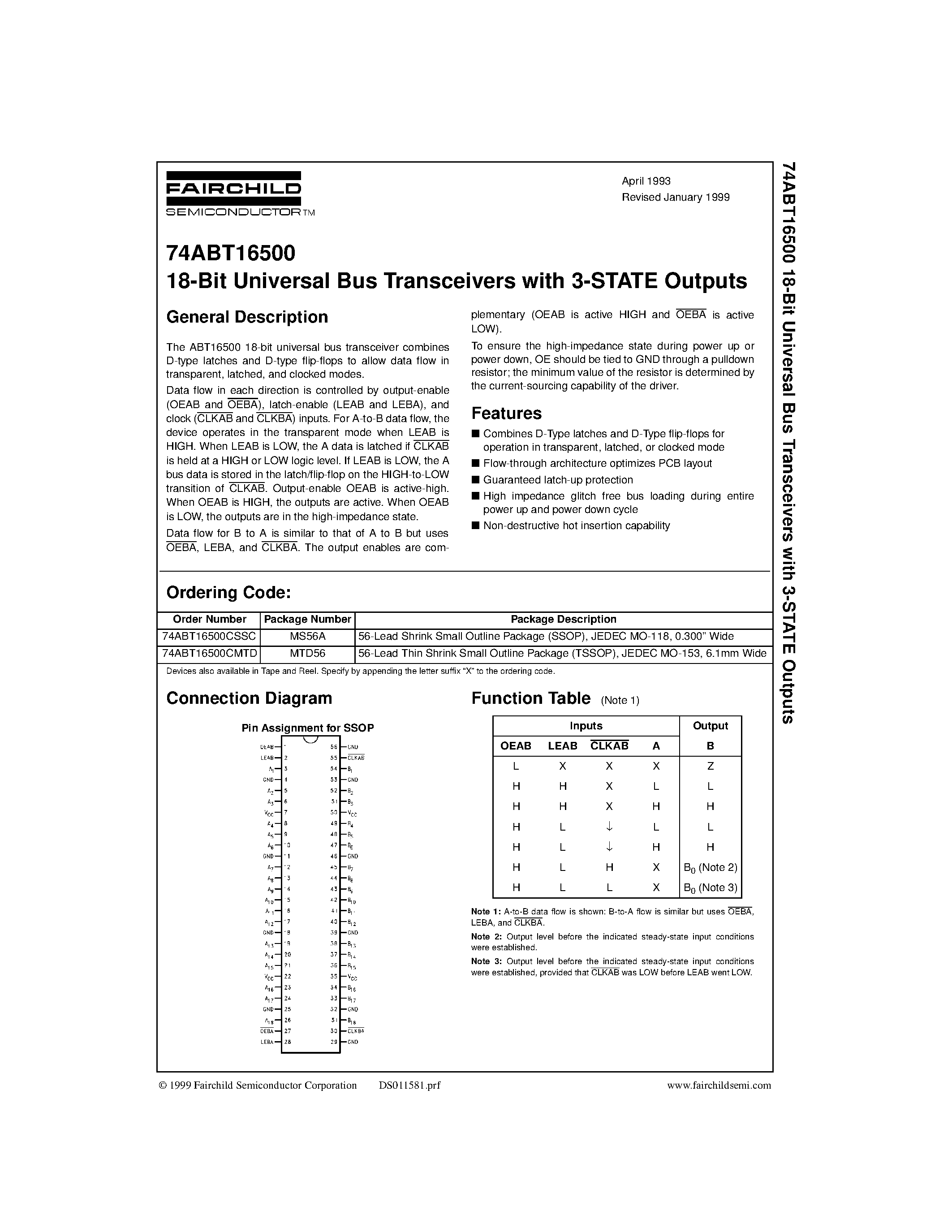 Datasheet 74ABT16500CMTD - 18-Bit Universal Bus Transceivers with 3-STATE Outputs page 1