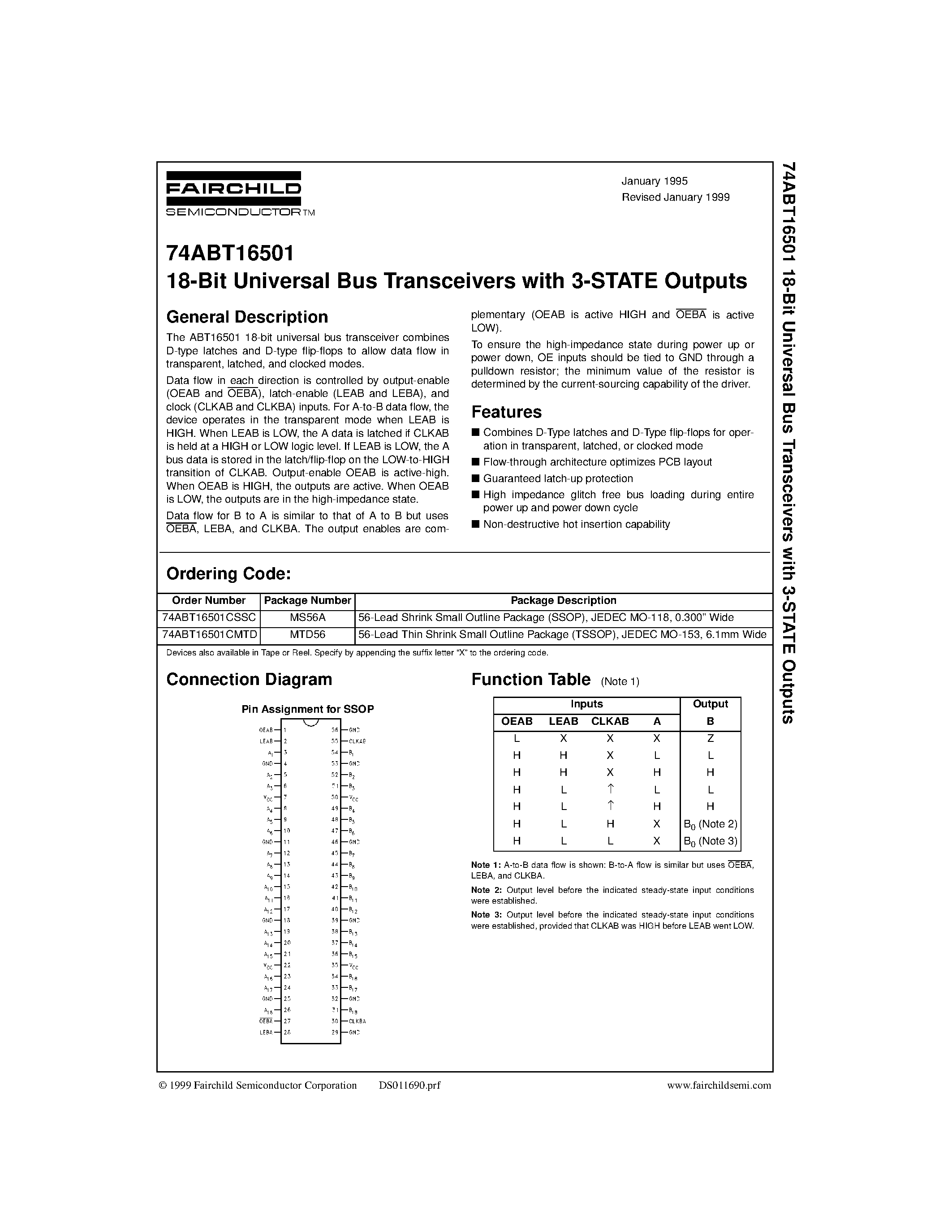 Datasheet 74ABT16501CMTD - 18-Bit Universal Bus Transceivers with 3-STATE Outputs page 1