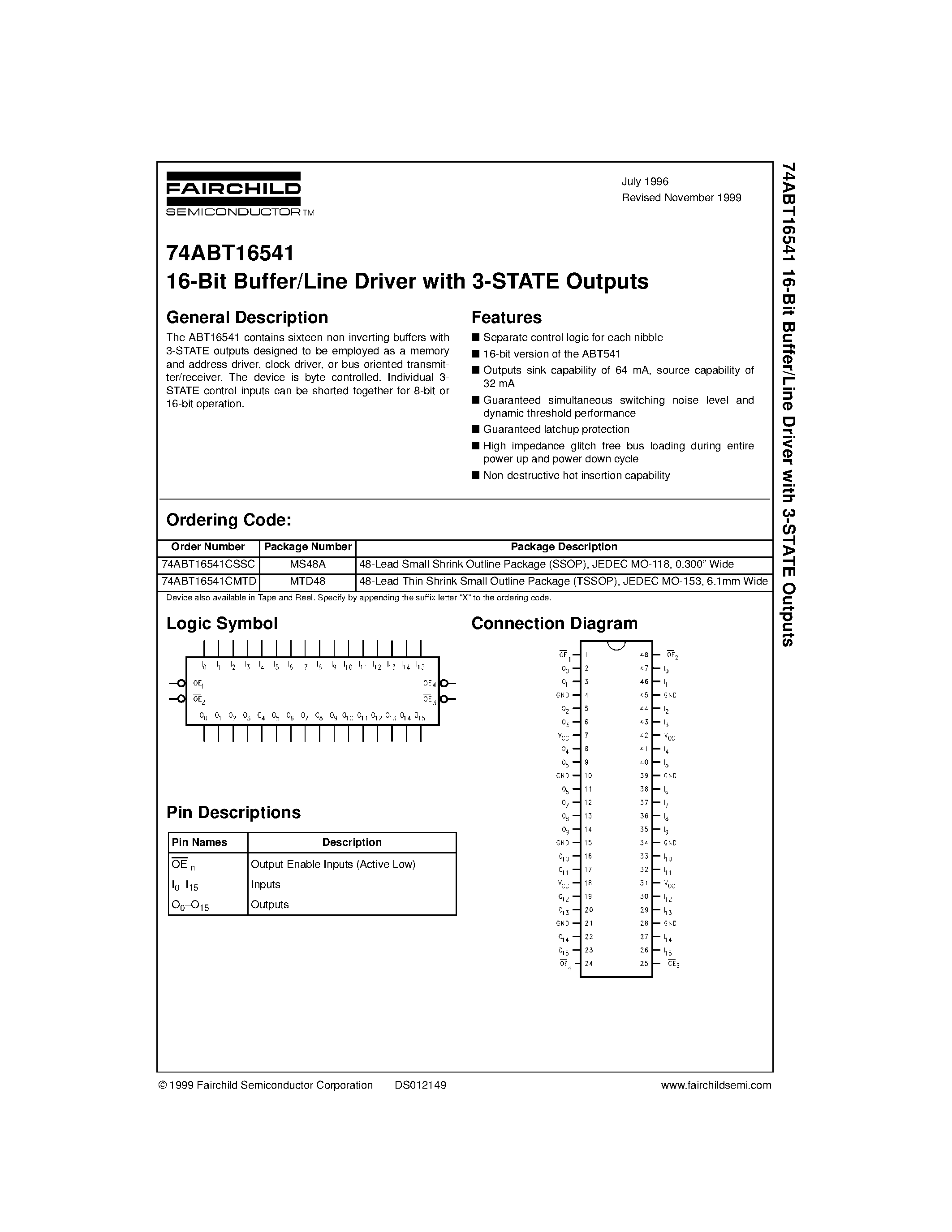 Datasheet 74ABT16541CSSC - 16-Bit Buffer/Line Driver with 3-STATE Outputs page 1