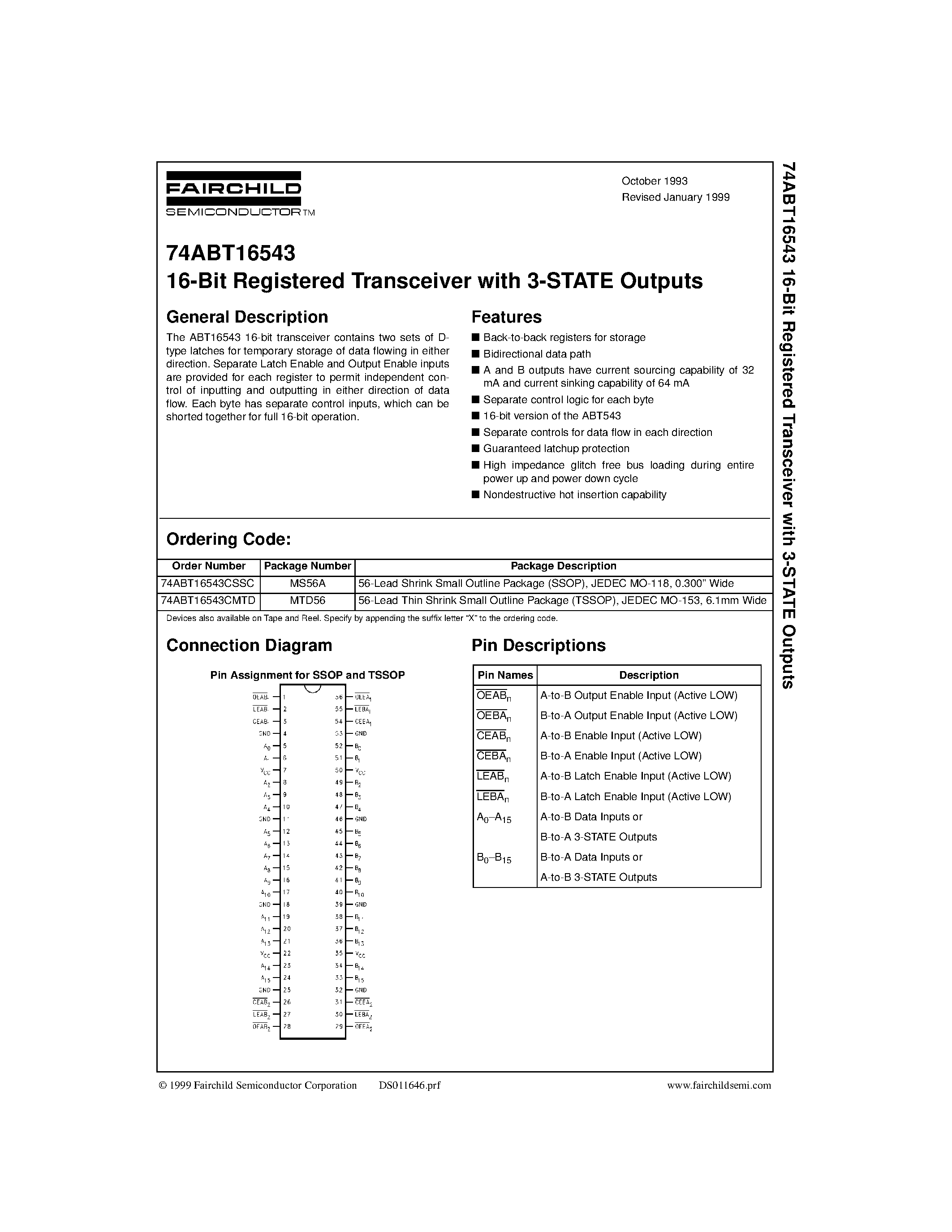 Datasheet 74ABT16543CSSC - 16-Bit Registered Transceiver with 3-STATE Outputs page 1