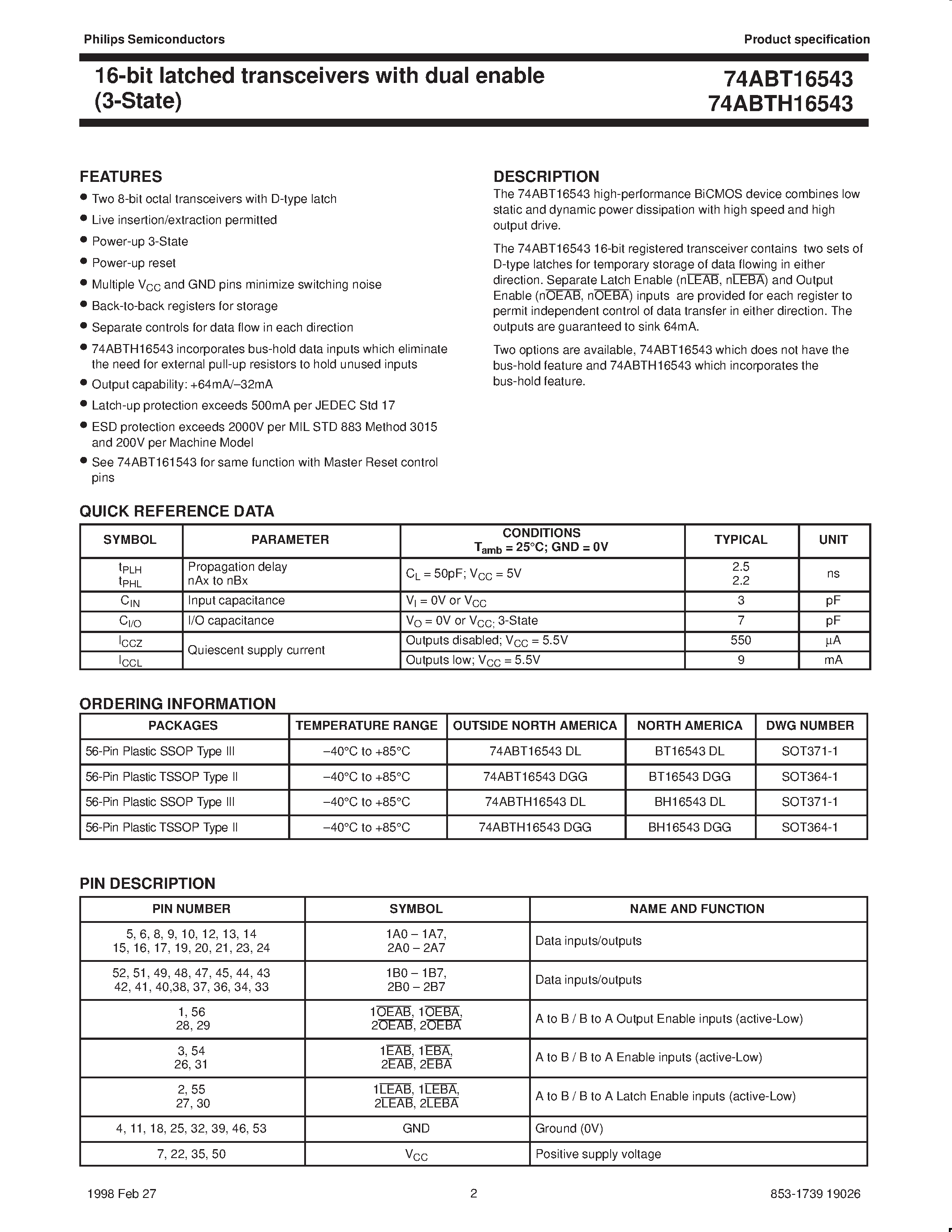 Datasheet 74ABT16543DGG - 16-bit latched transceivers with dual enable 3-State page 2