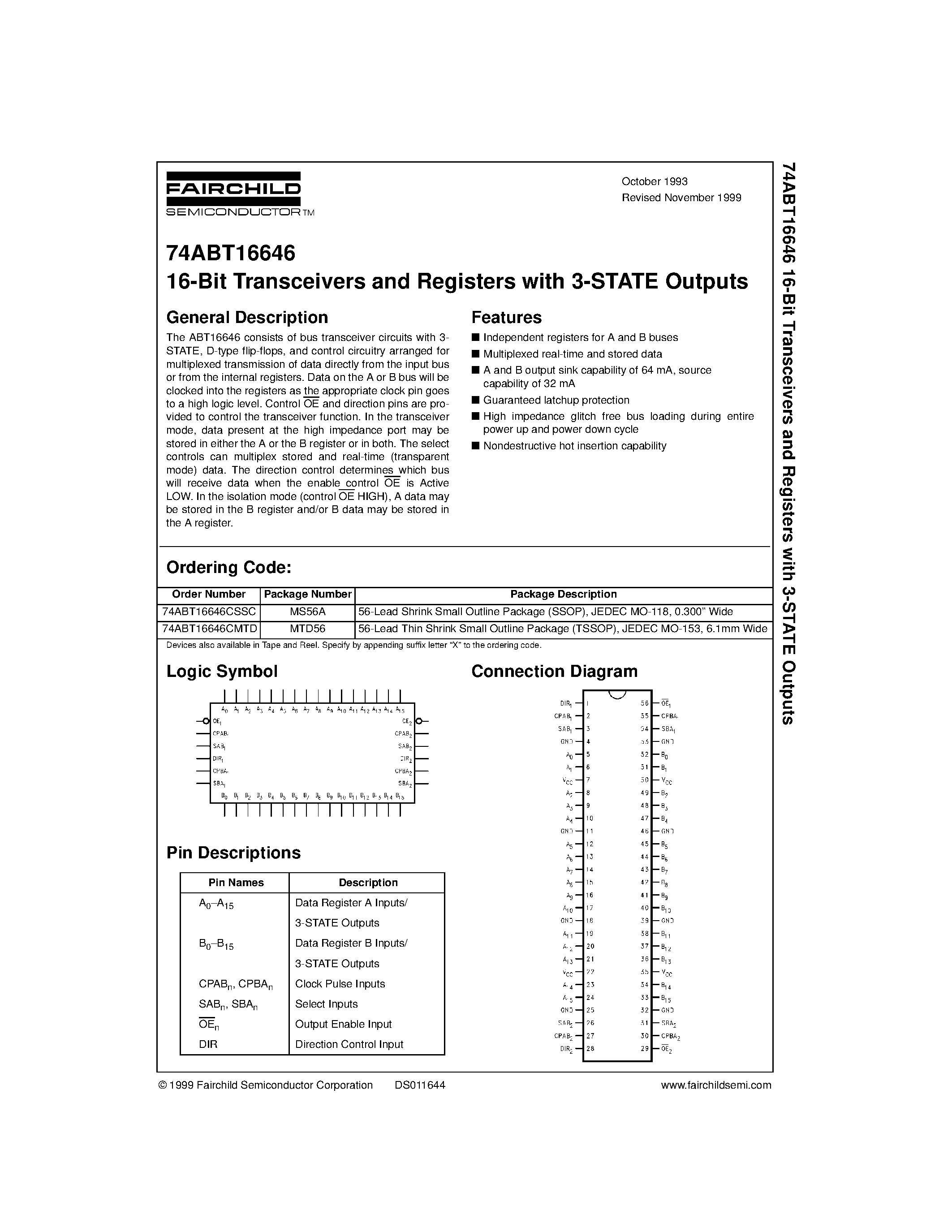 Datasheet 74ABT16646CSSC - 16-Bit Transceivers and Registers with 3-STATE Outputs page 1