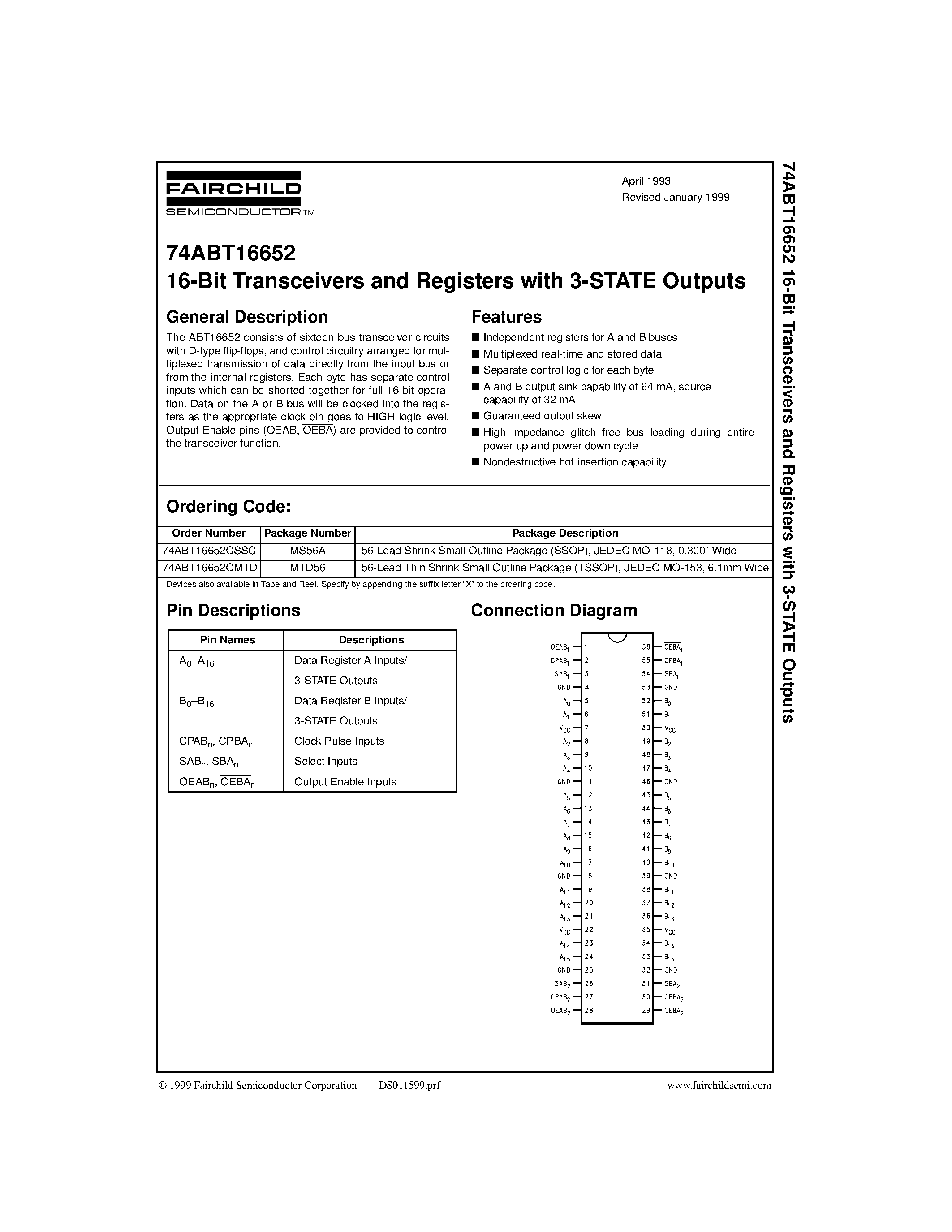Datasheet 74ABT16652CMTD - 16-Bit Transceivers and Registers with 3-STATE Outputs page 1
