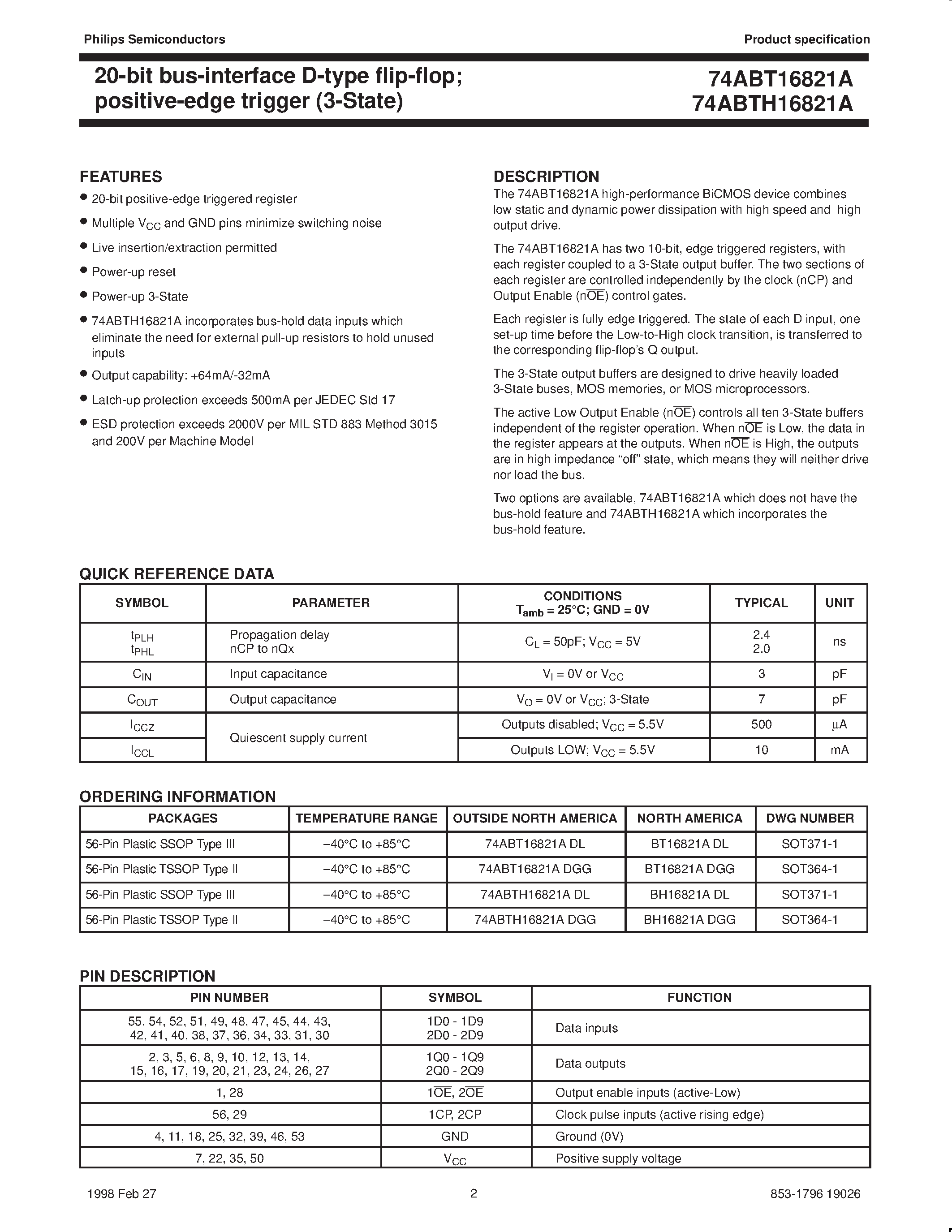Datasheet 74ABT16821A - 20-bit bus-interface D-type flip-flop; positive-edge trigger 3-State page 2