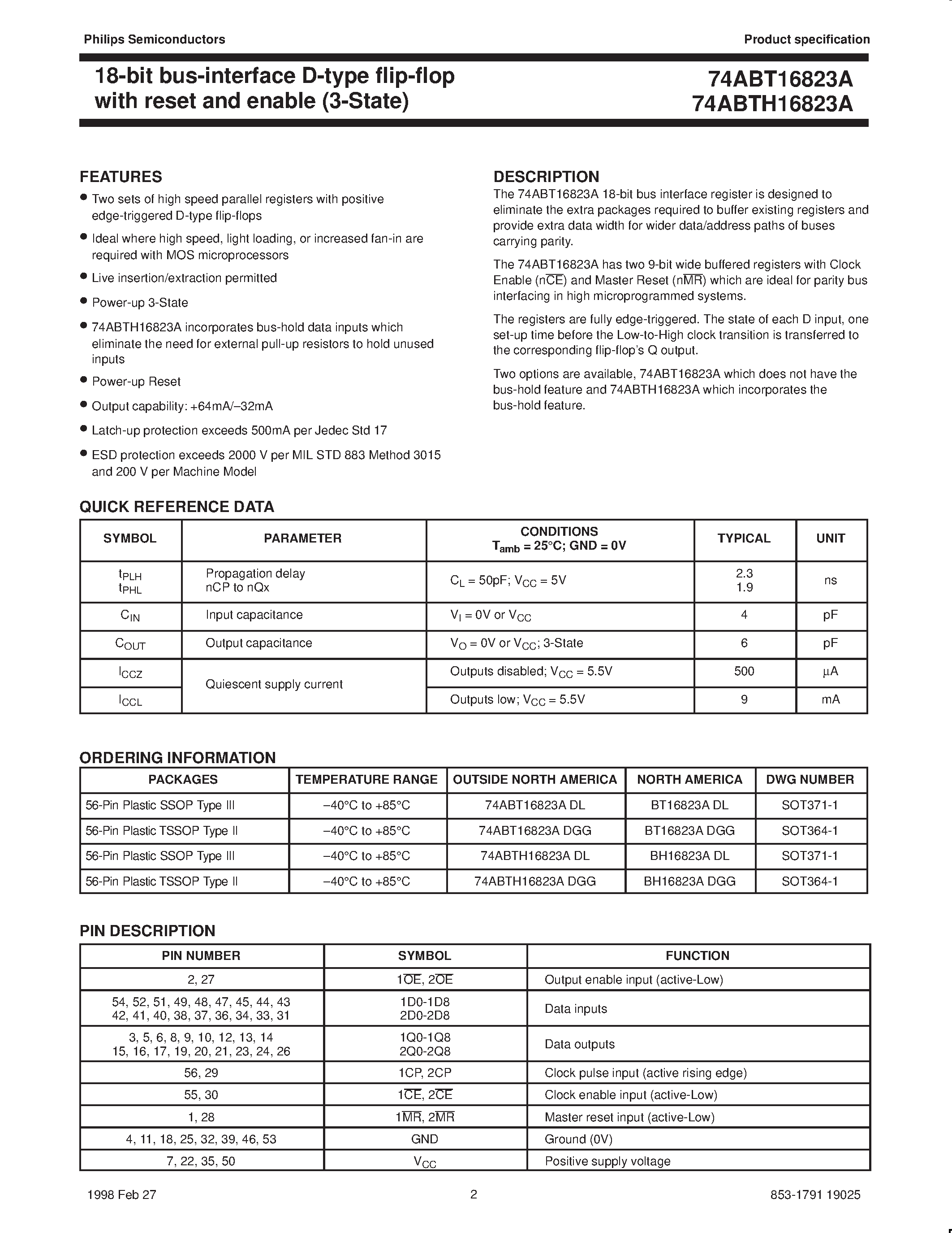 Datasheet 74ABT16823ADL - 18-bit bus interface D-type flip-flop with reset and enable 3-State page 2