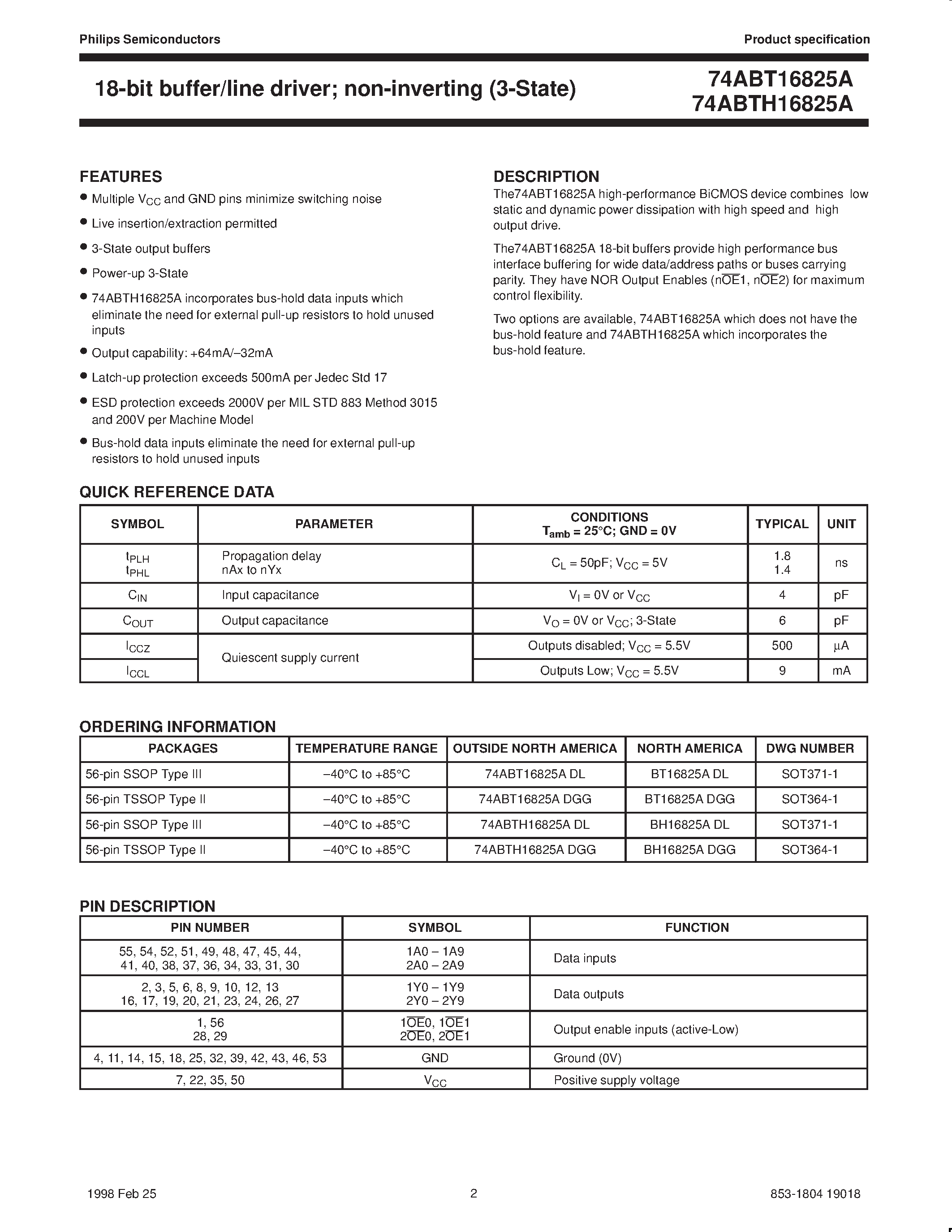 Datasheet 74ABT16825ADGG - 18-bit buffer/line driver; non-inverting 3-State page 2
