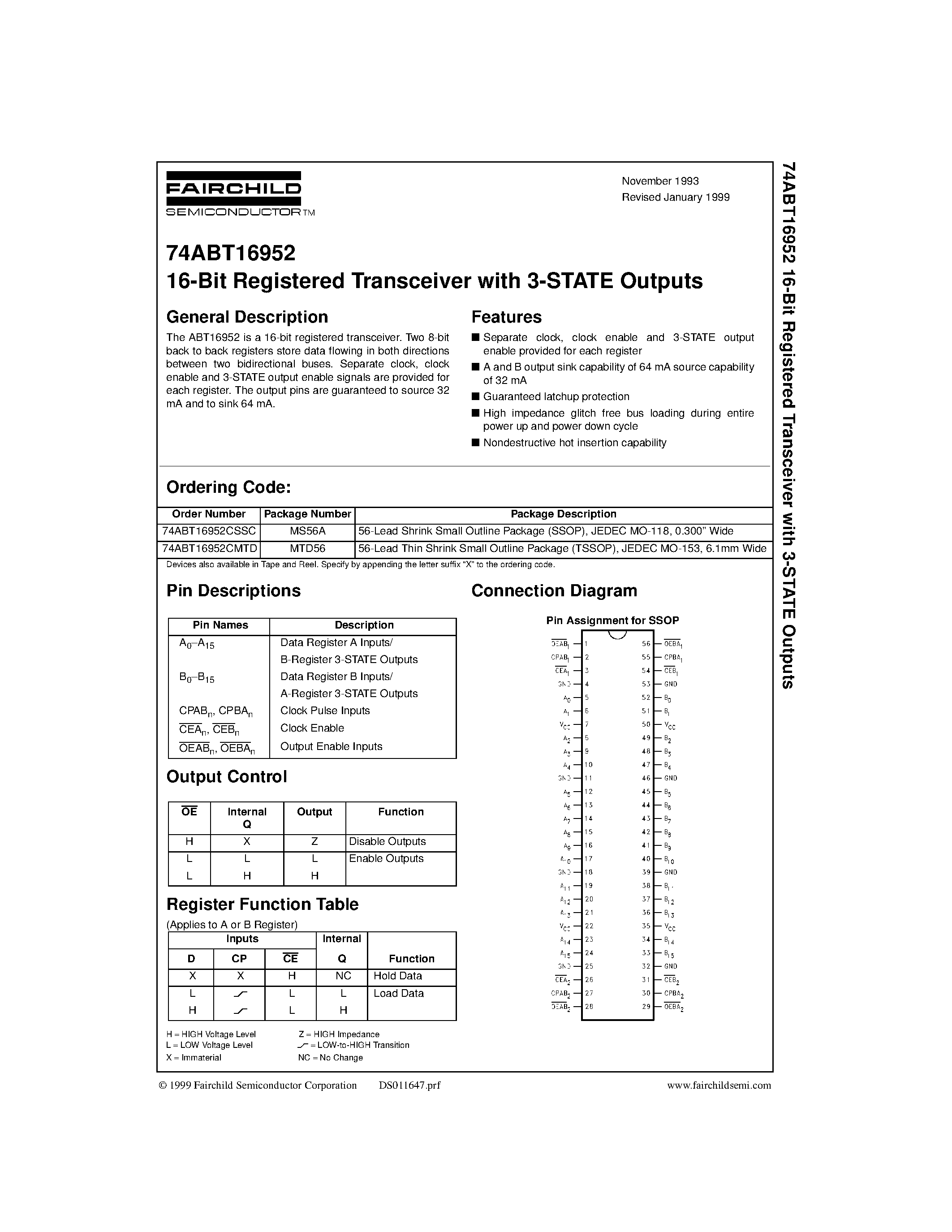 Datasheet 74ABT16952CMTD - 16-Bit Registered Transceiver with 3-STATE Outputs page 1