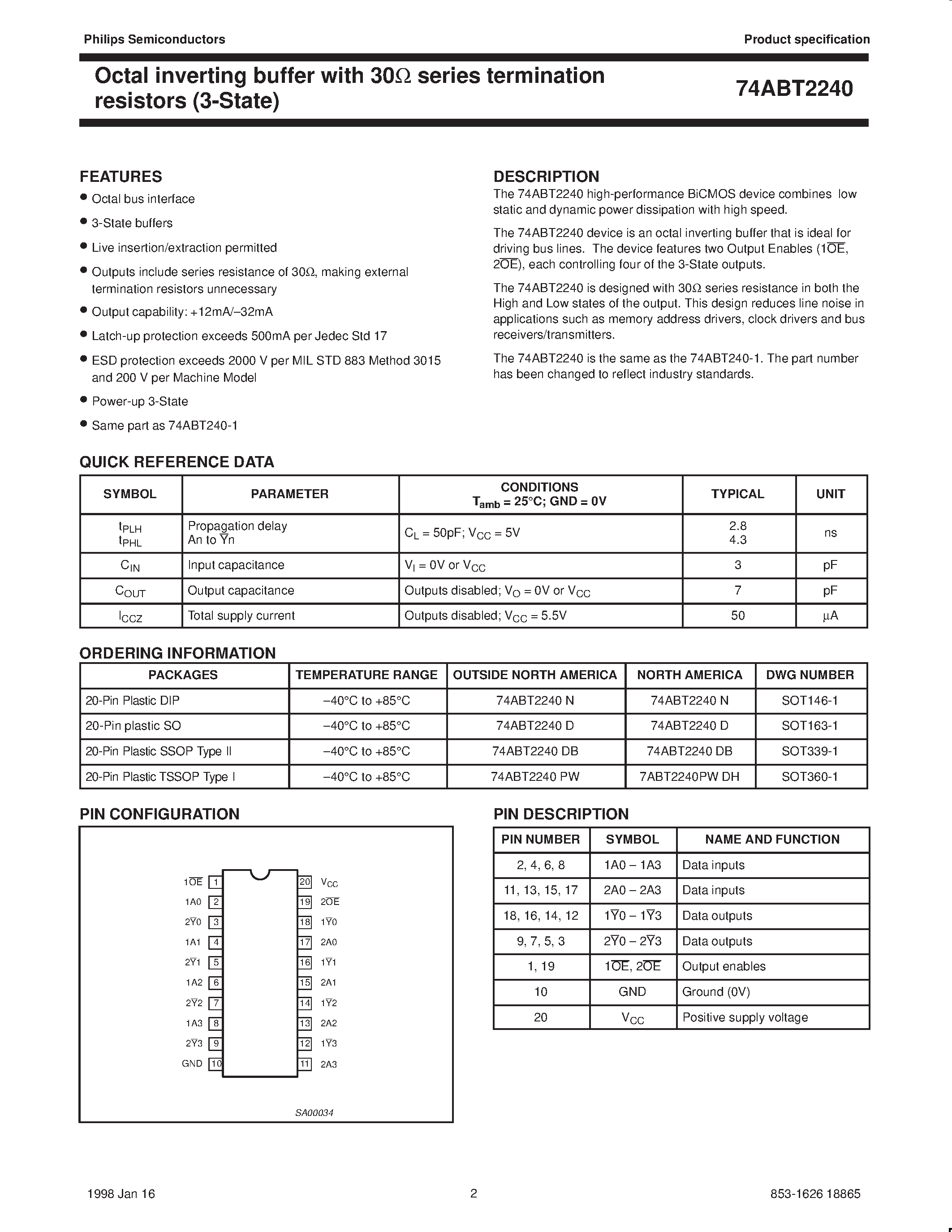 Datasheet 74ABT2240N page 2 Datasheet 74ABT2240N - Octal inverting buffer with 30ohm series termination resistors 3-State page 2