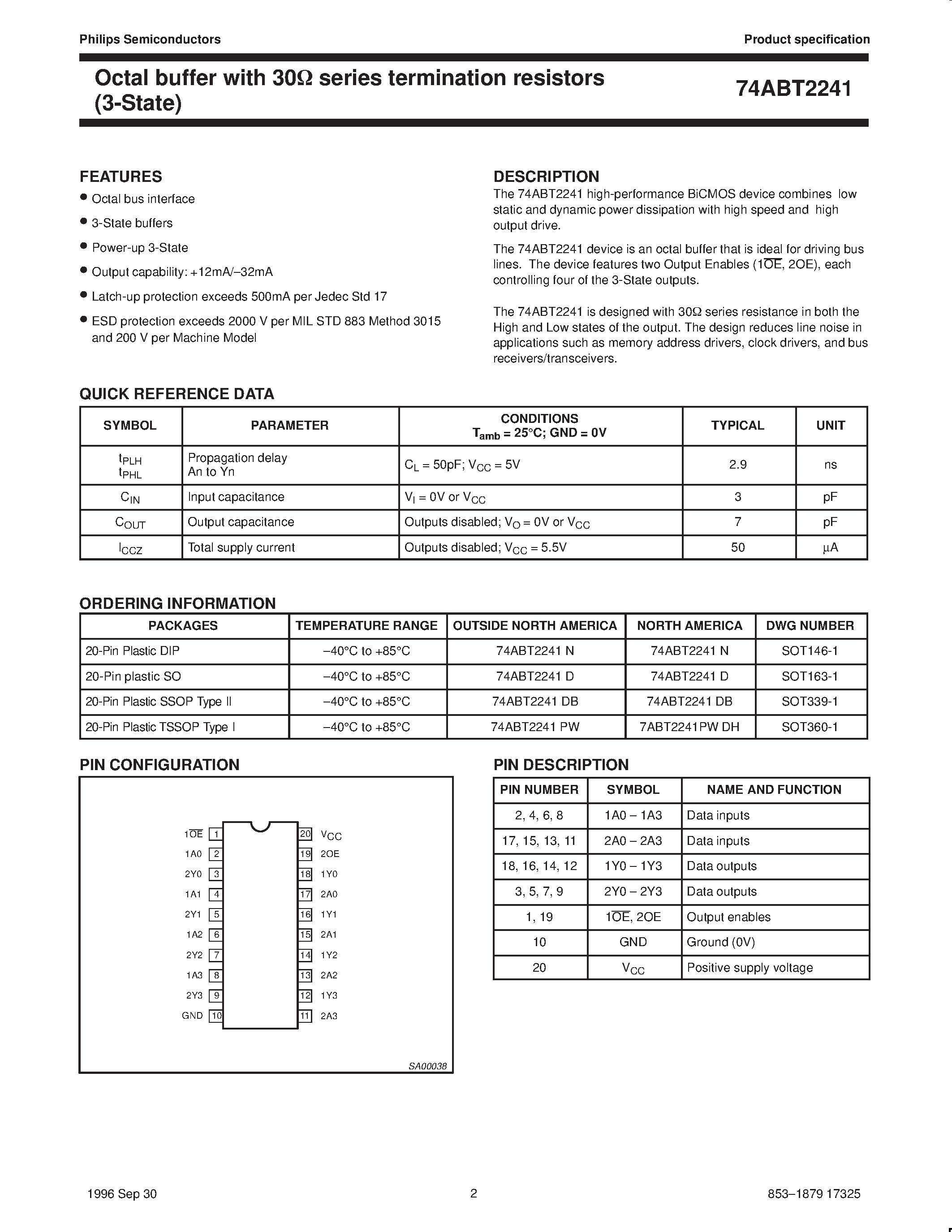 Datasheet 74ABT2241DB - Octal buffer with 30ohm series termination resistors; 3-State page 2
