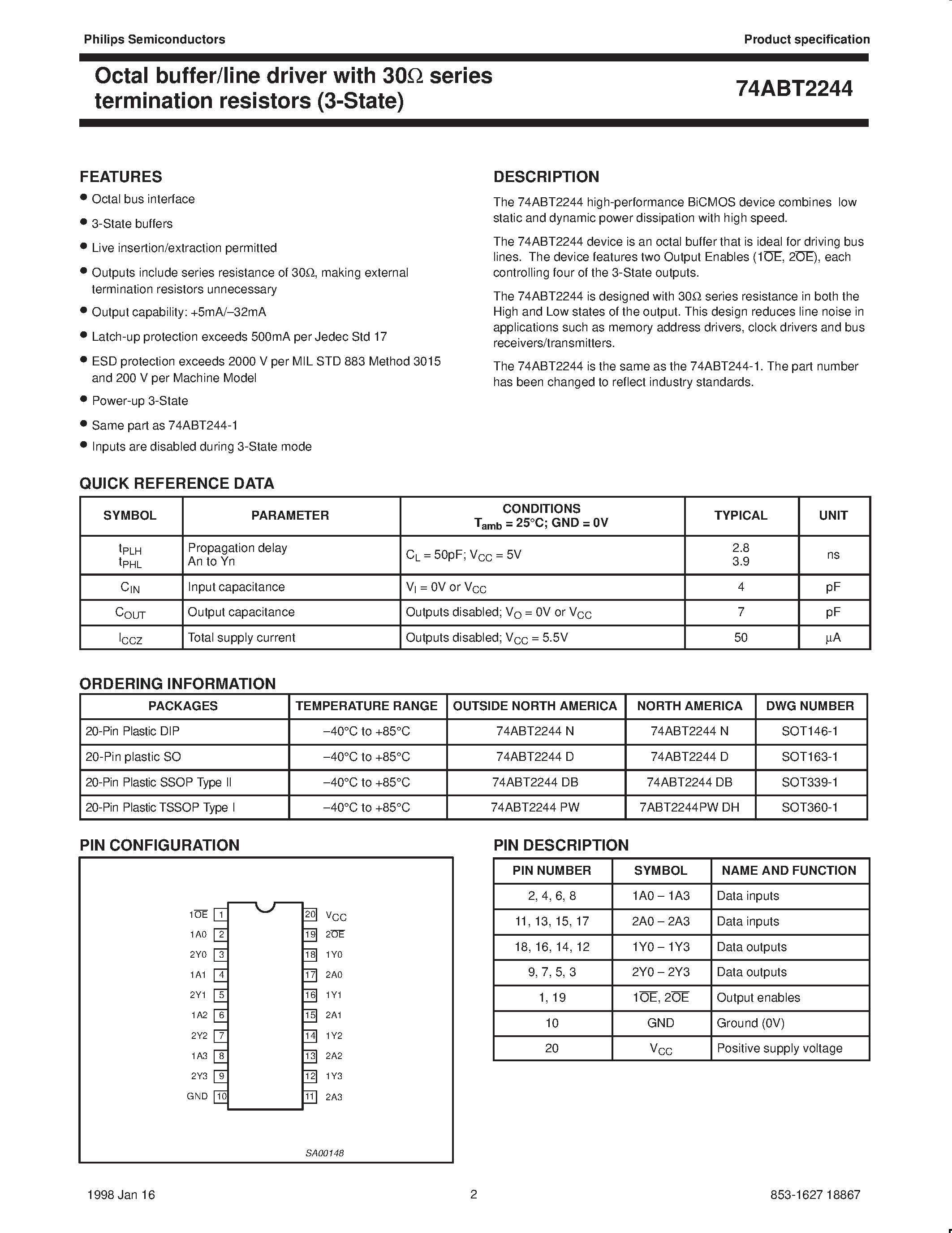 Datasheet 74ABT2244 page 2 Datasheet 74ABT2244 - Octal buffer/line driver with 30ohm series termination resistors 3-State page 2