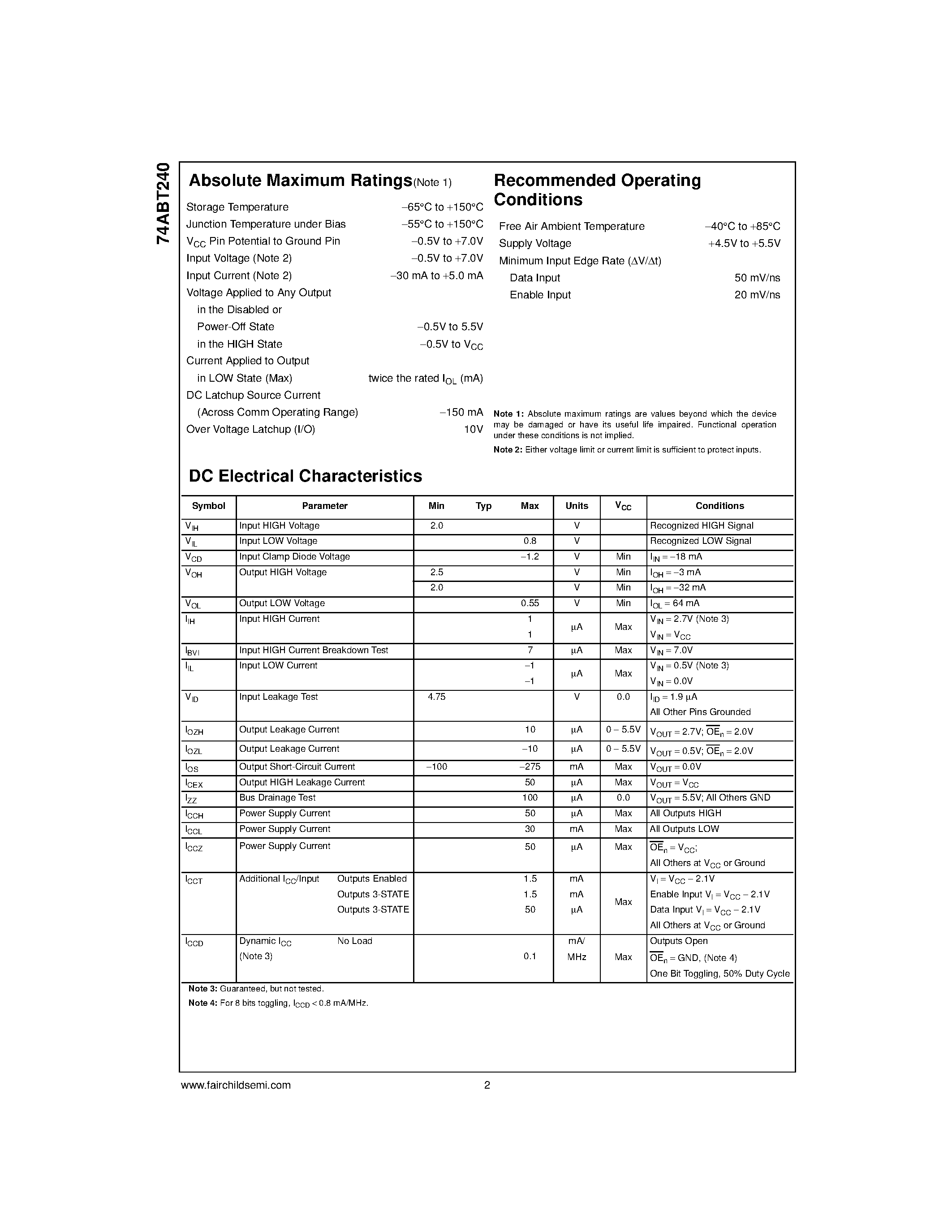 Datasheet 74ABT240 - Octal Buffer/Line Driver with 3-STATE Outputs page 2