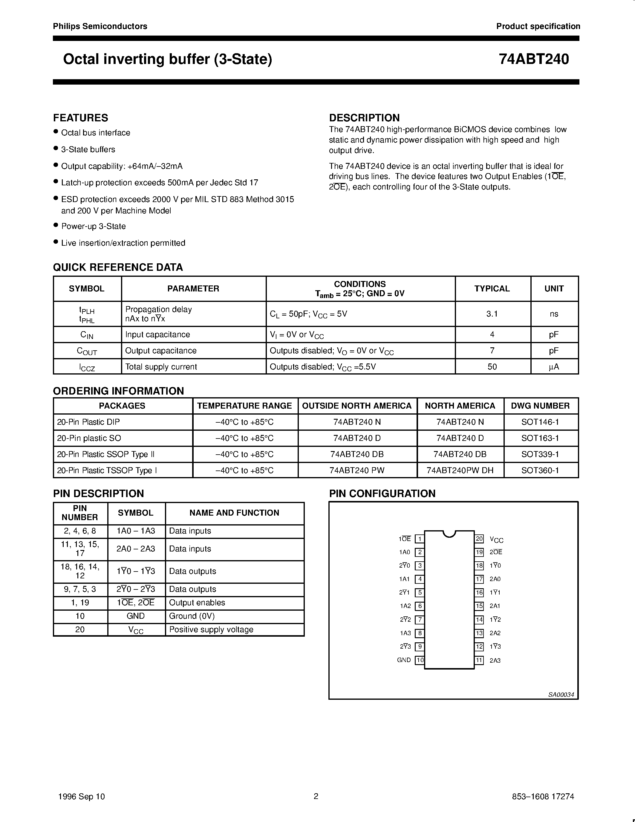 Datasheet 74ABT240D page 1 Datasheet 74ABT240D - Octal inverting buffer 3-State page 1