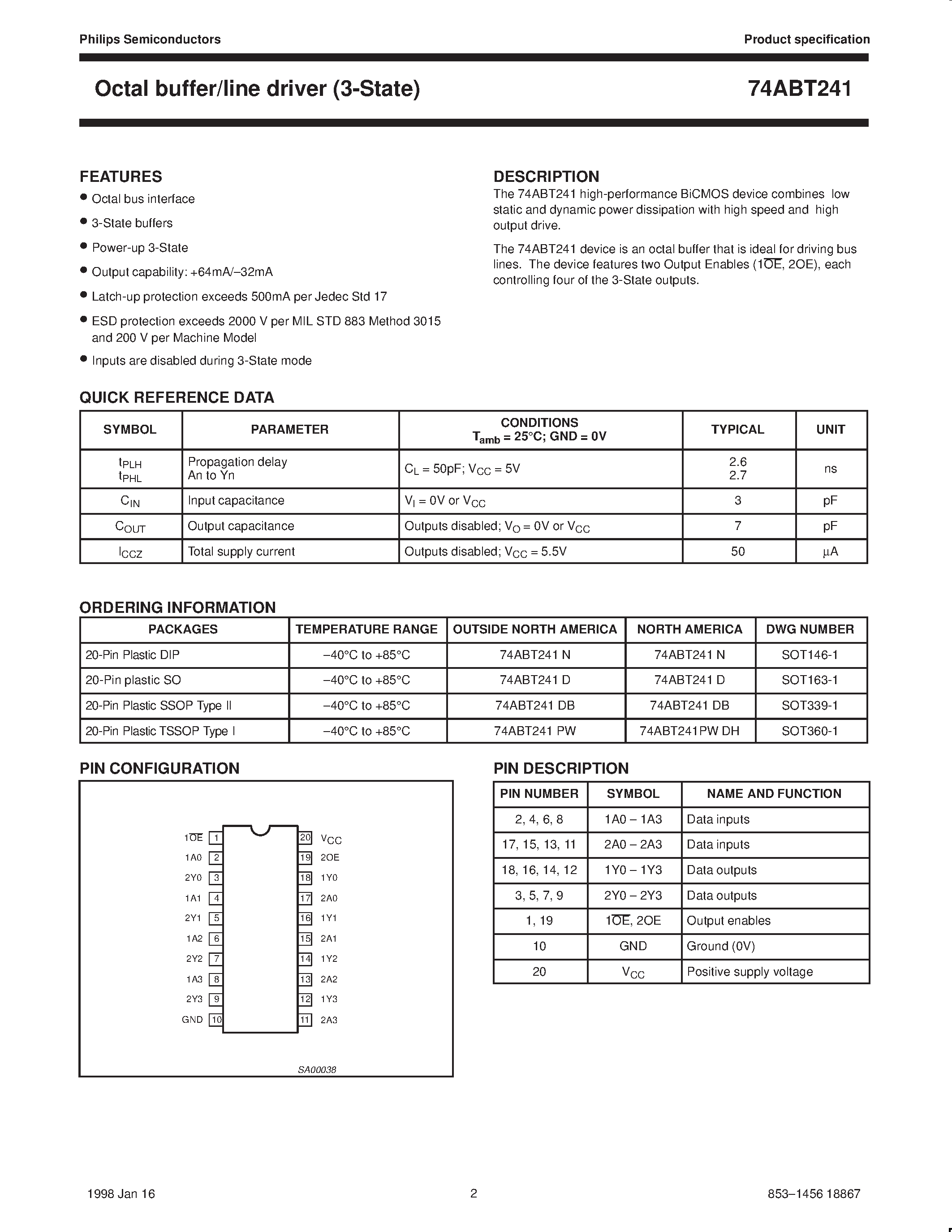 Datasheet 74ABT241D page 2 Datasheet 74ABT241D - Octal buffer/line driver 3-State page 2