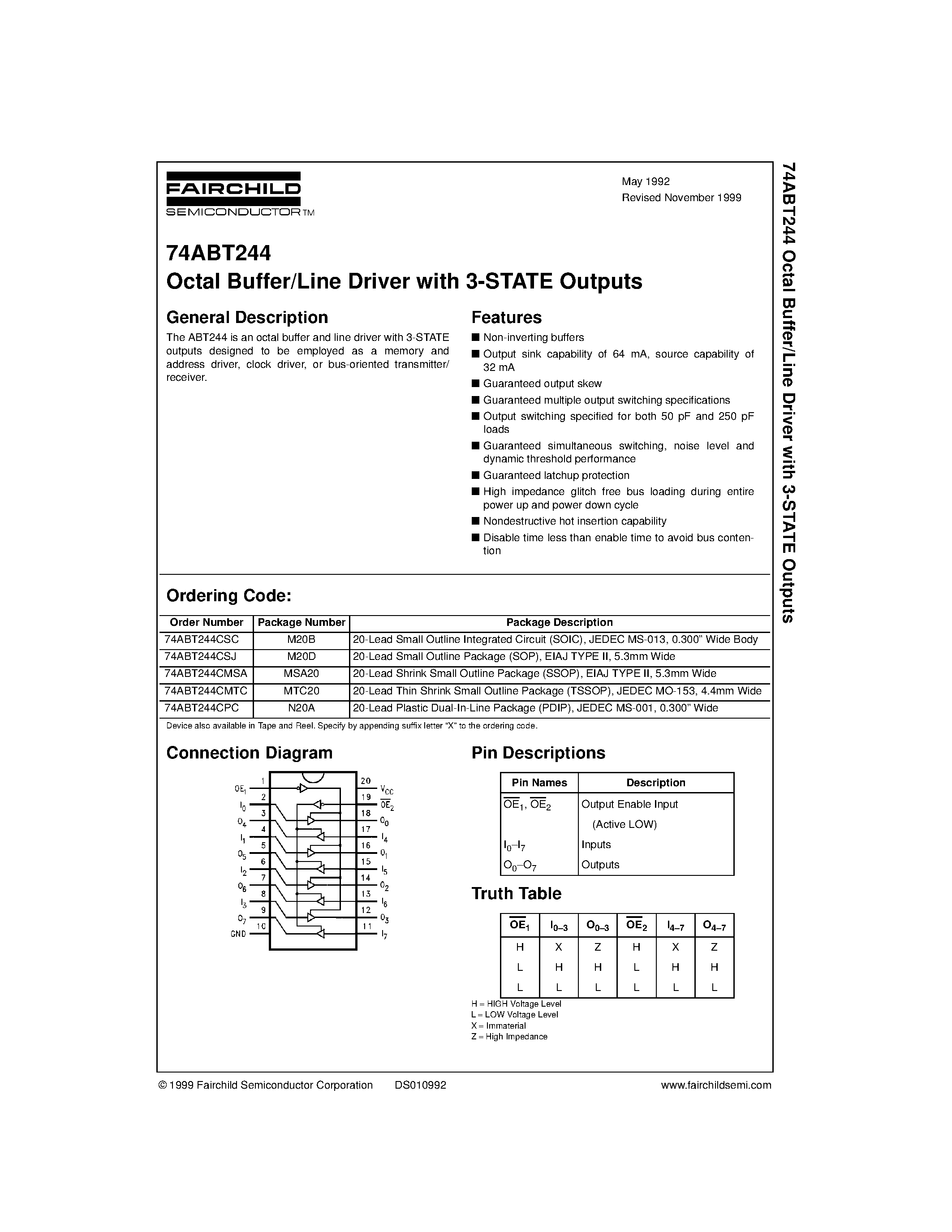 Datasheet 74ABT244CSC - Octal Buffer/Line Driver with 3-STATE Outputs page 1