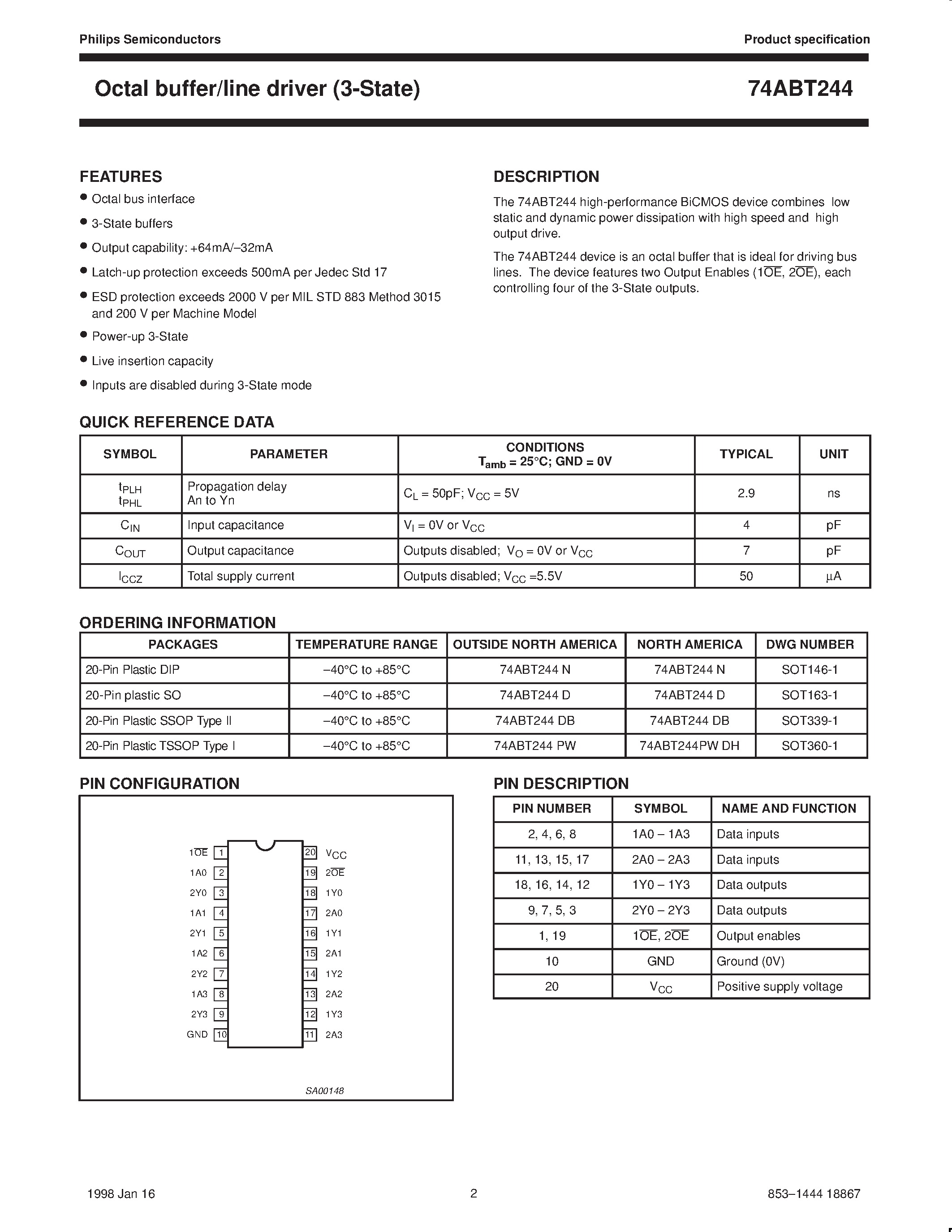 Datasheet 74ABT244D page 2 Datasheet 74ABT244D - Octal buffer/line driver 3-State page 2
