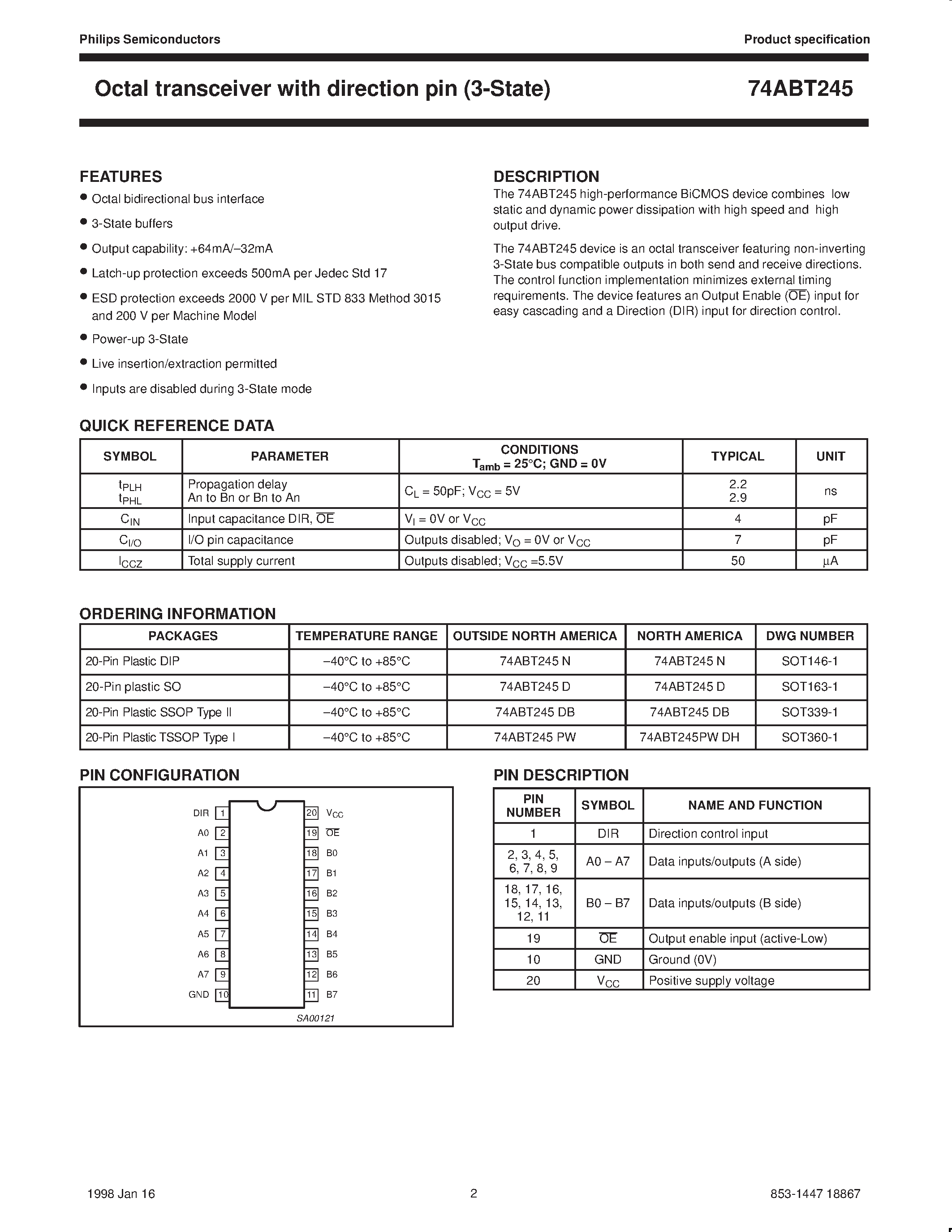 Datasheet 74ABT245 - Octal transceiver with direction pin 3-State page 2