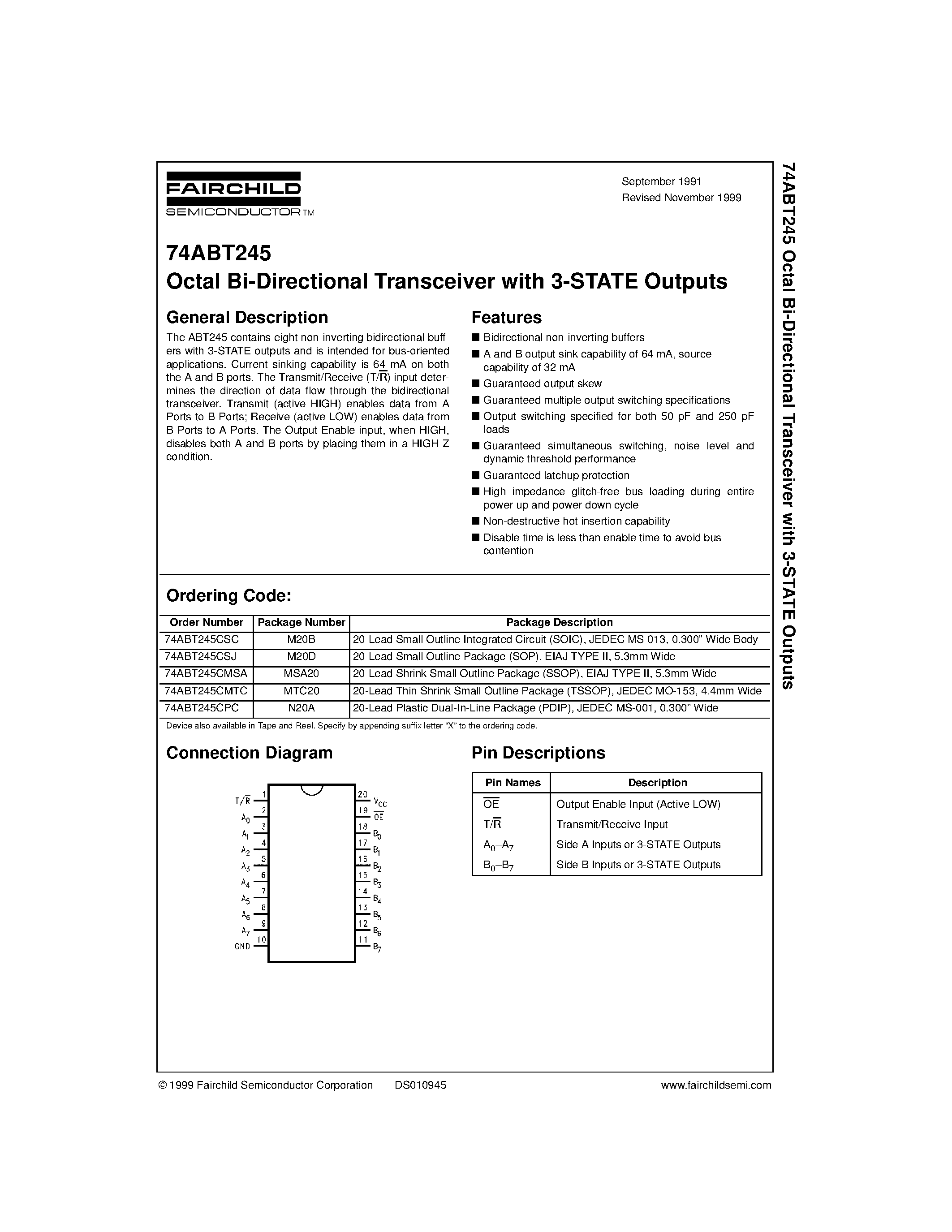 Datasheet 74ABT245CPC page 1 Datasheet 74ABT245CPC - Octal Bi-Directional Transceiver with 3-STATE Outputs page 1