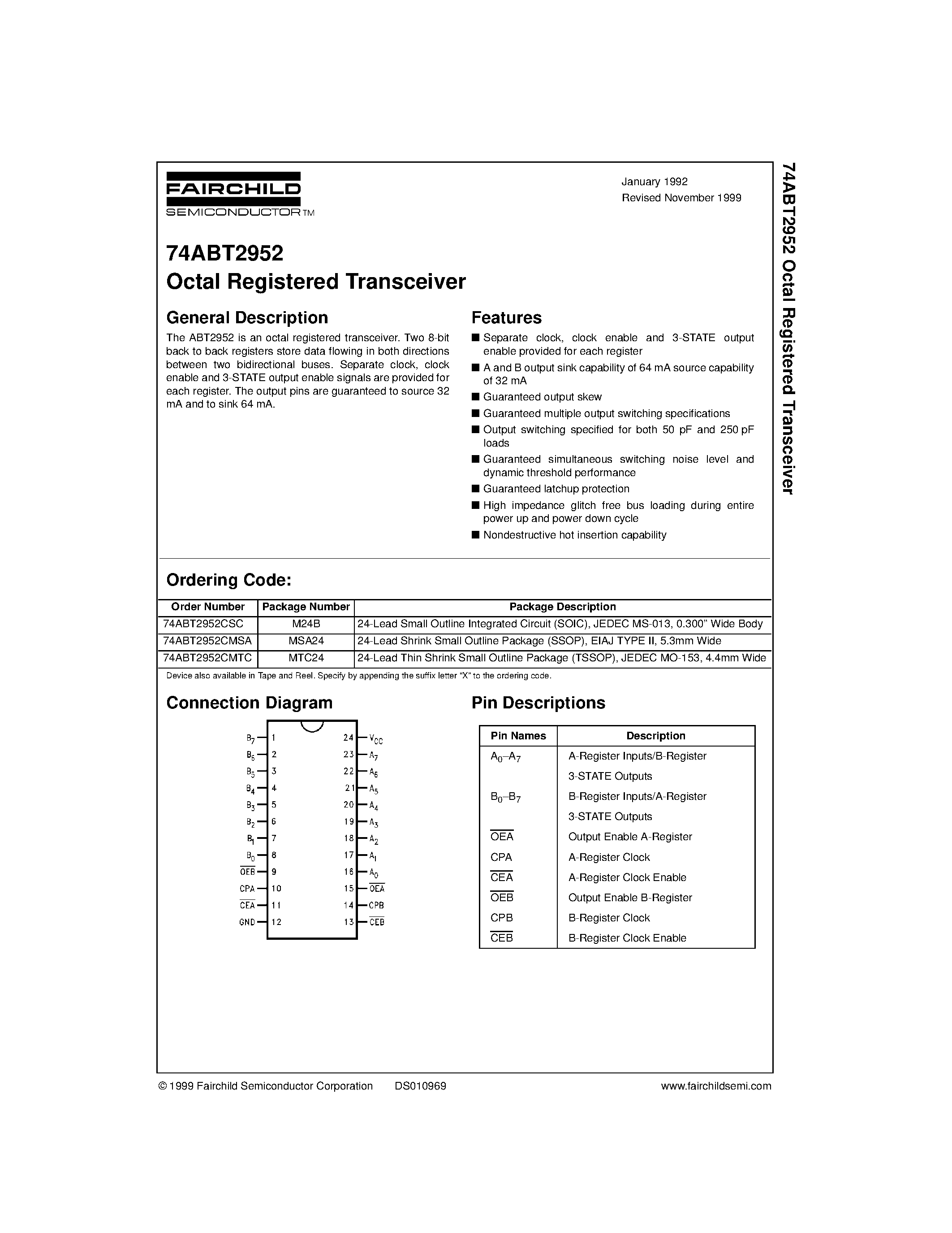 Datasheet 74ABT2952CMSA - Octal Registered Transceiver page 1
