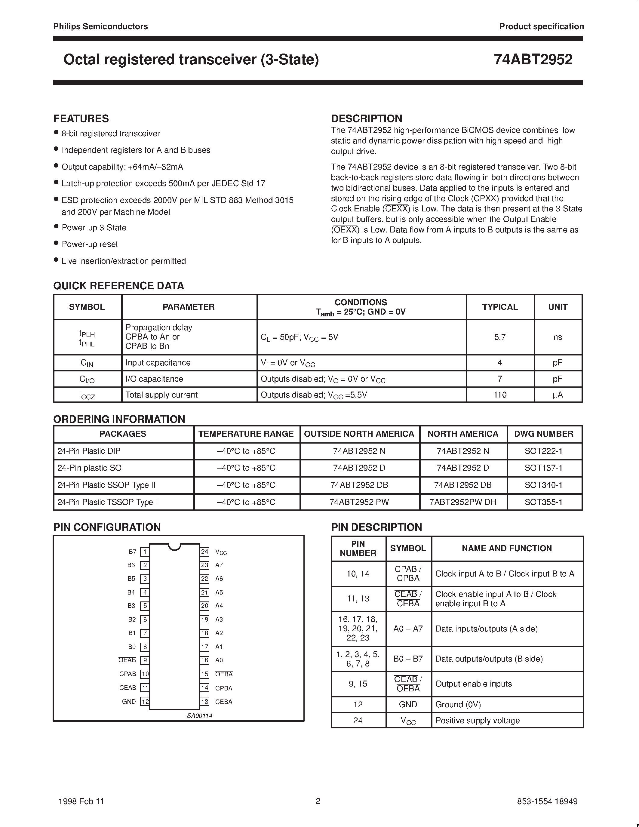 Datasheet 74ABT2952DB page 2 Datasheet 74ABT2952DB - Octal registered transceiver 3-State page 2