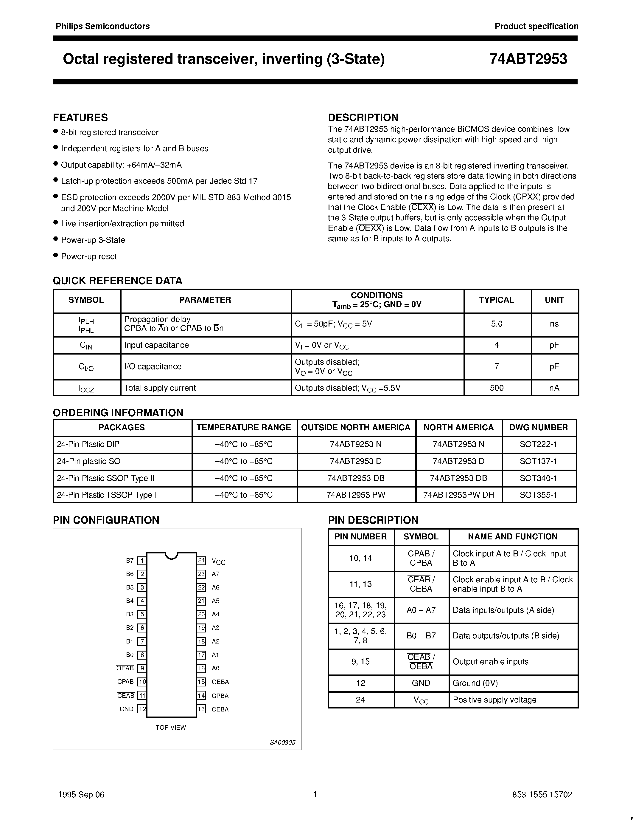 Datasheet 74ABT2953 - Octal registered transceiver/ inverting 3-State page 1