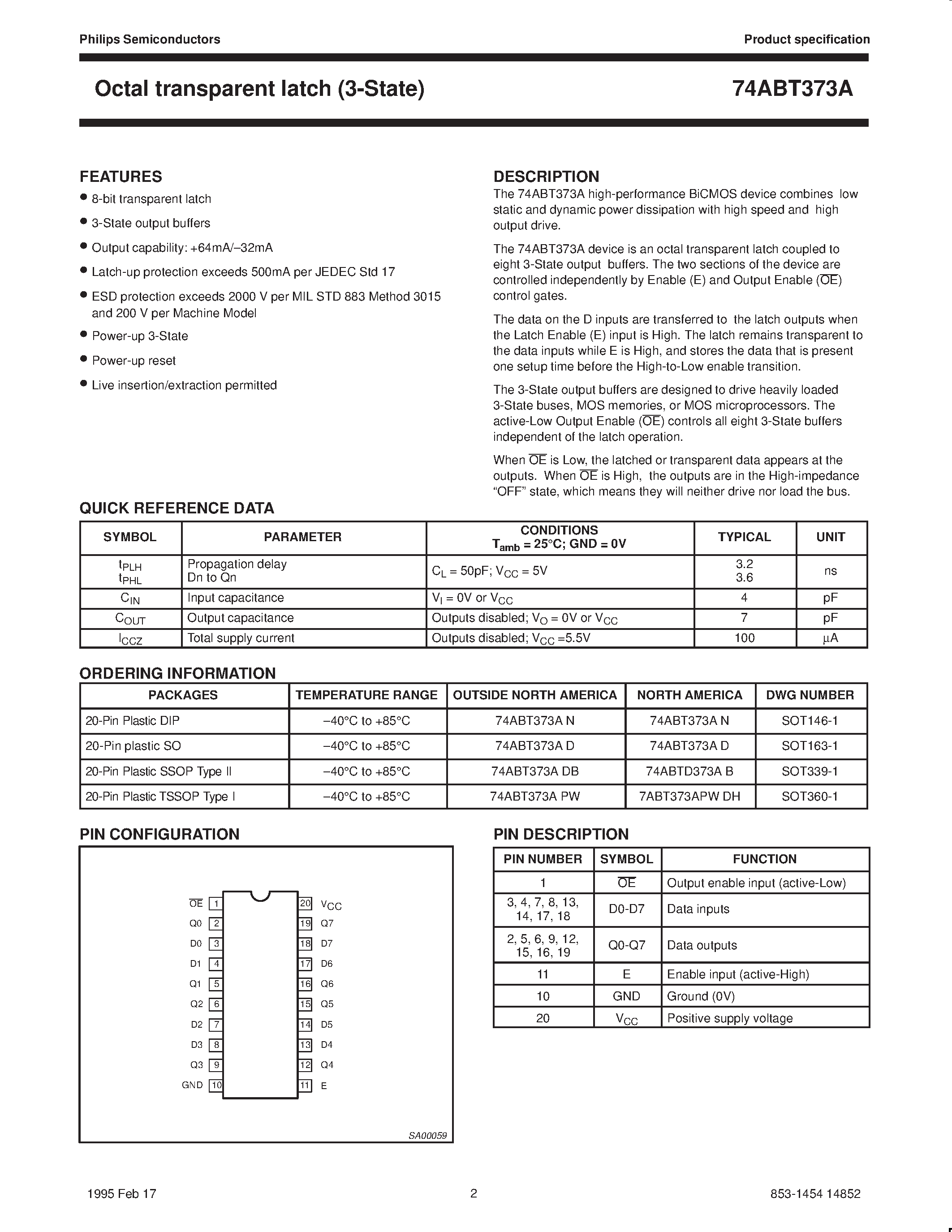 Datasheet 74ABT373APW - Octal transparent latch 3-State page 2