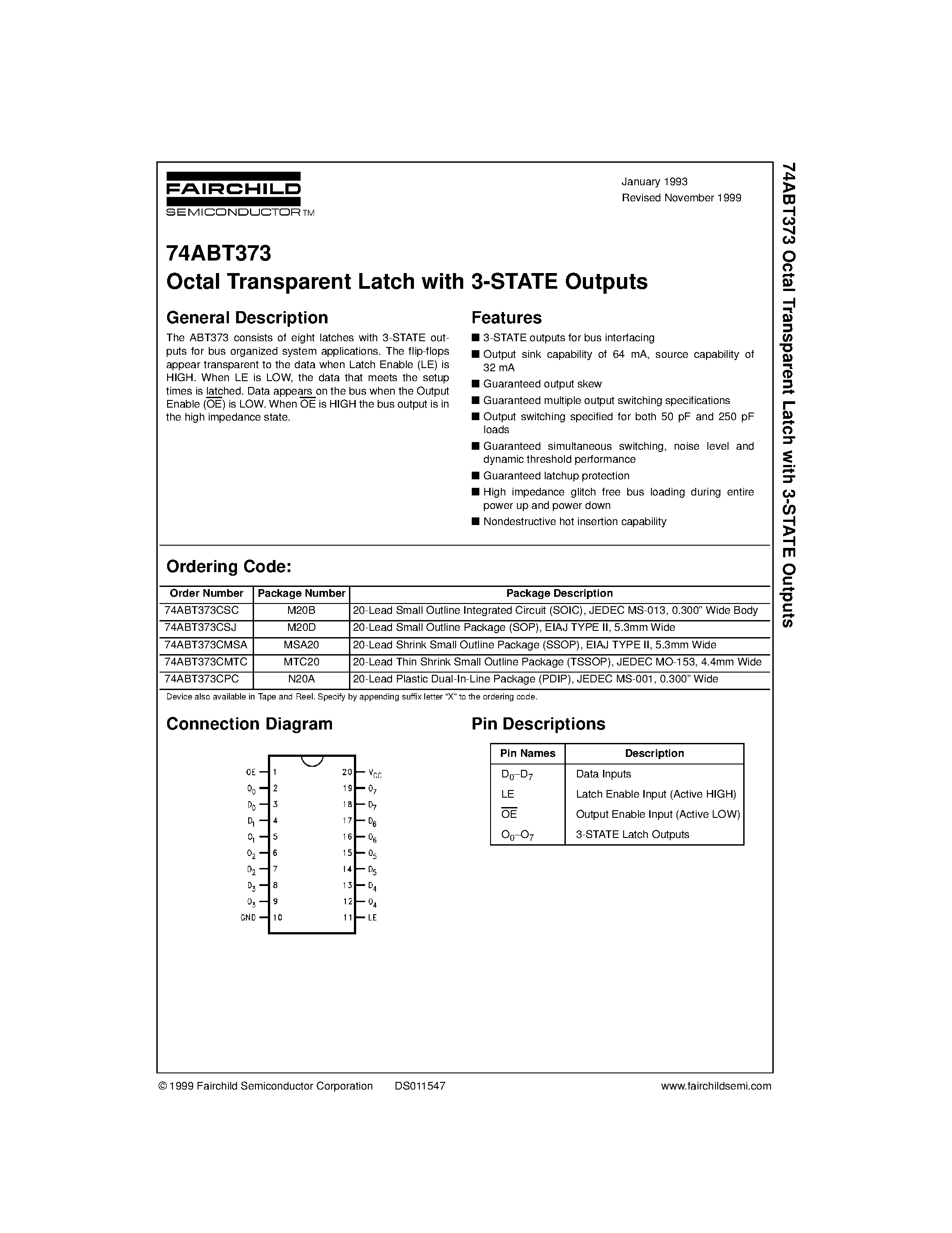 Datasheet 74ABT373CPC - Octal Transparent Latch with 3-STATE Outputs page 1