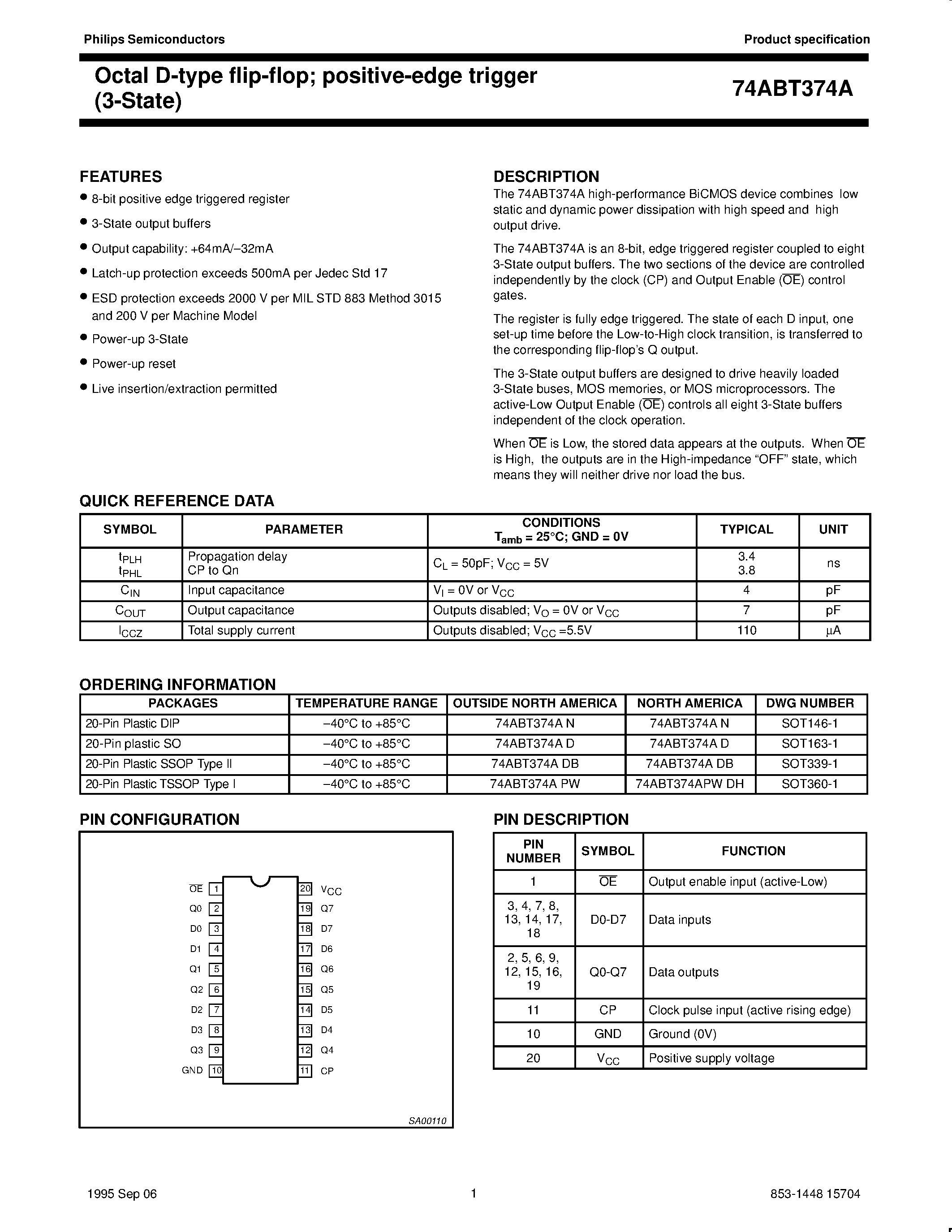 Datasheet 74ABT374ADB - Octal D-type flip-flop; positive-edge trigger 3-State page 1