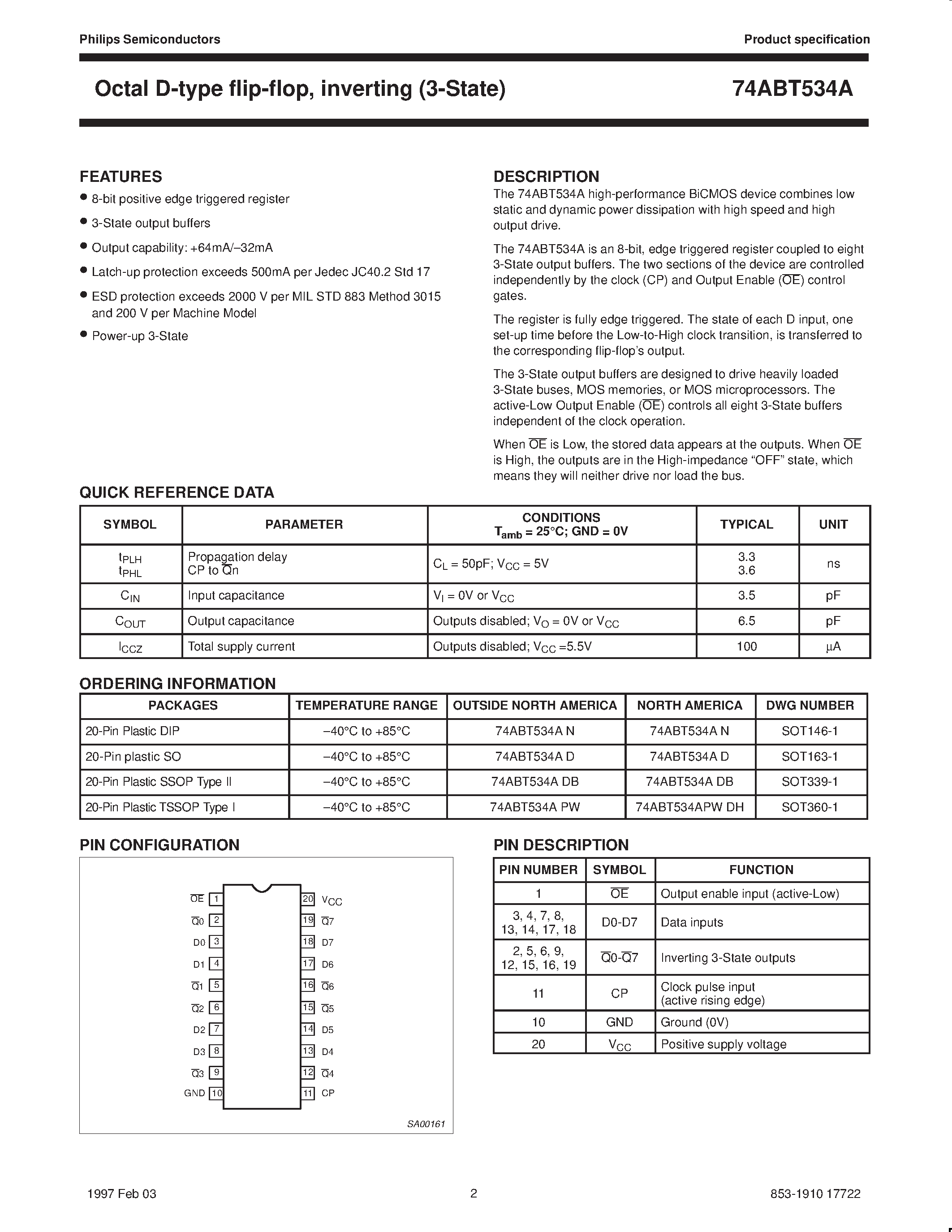 Datasheet 74ABT534APW page 2 Datasheet 74ABT534APW - Octal D-type flip-flop/ inverting 3-State page 2