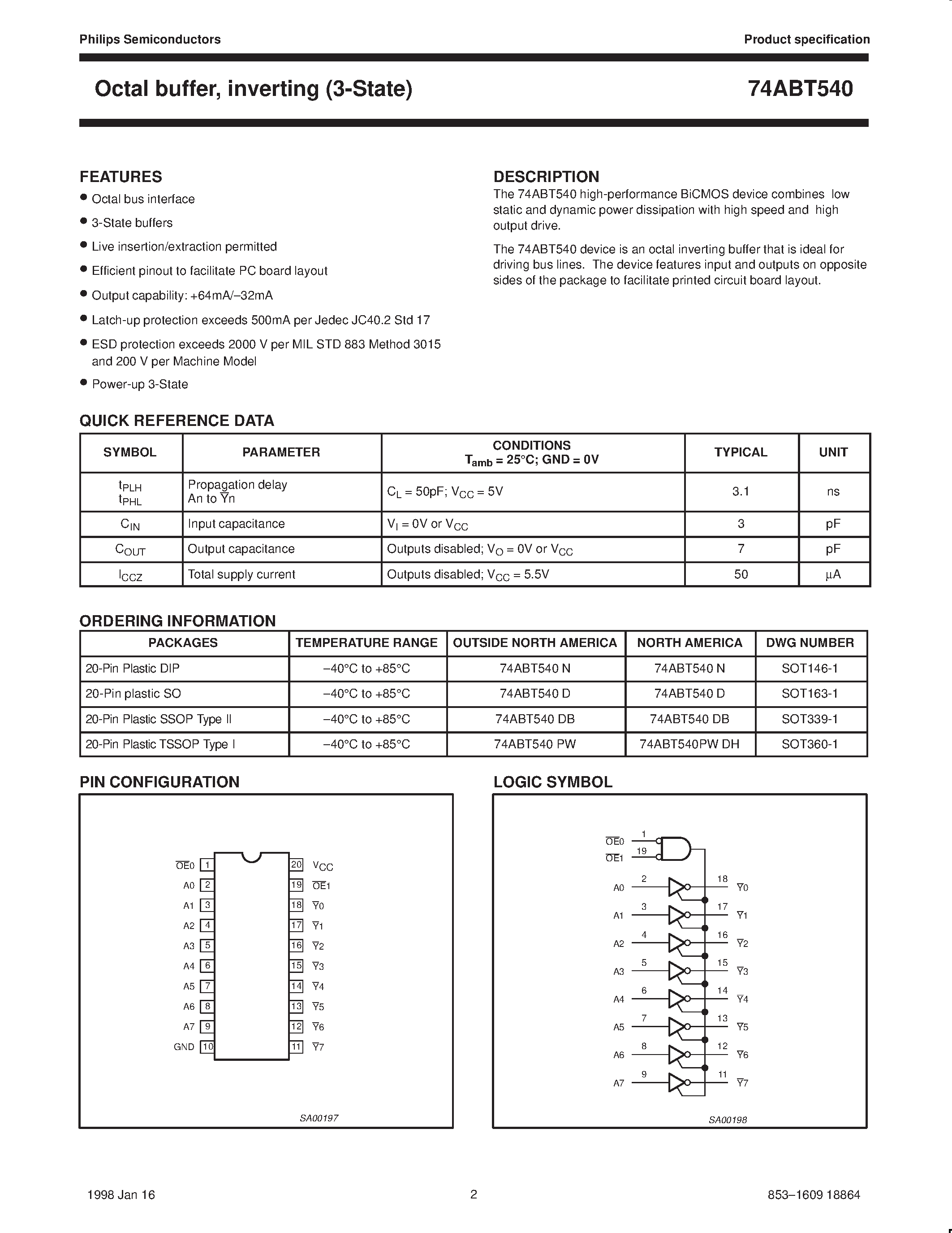 Datasheet 74ABT540PWDH - Octal buffer/ inverting 3-State page 2