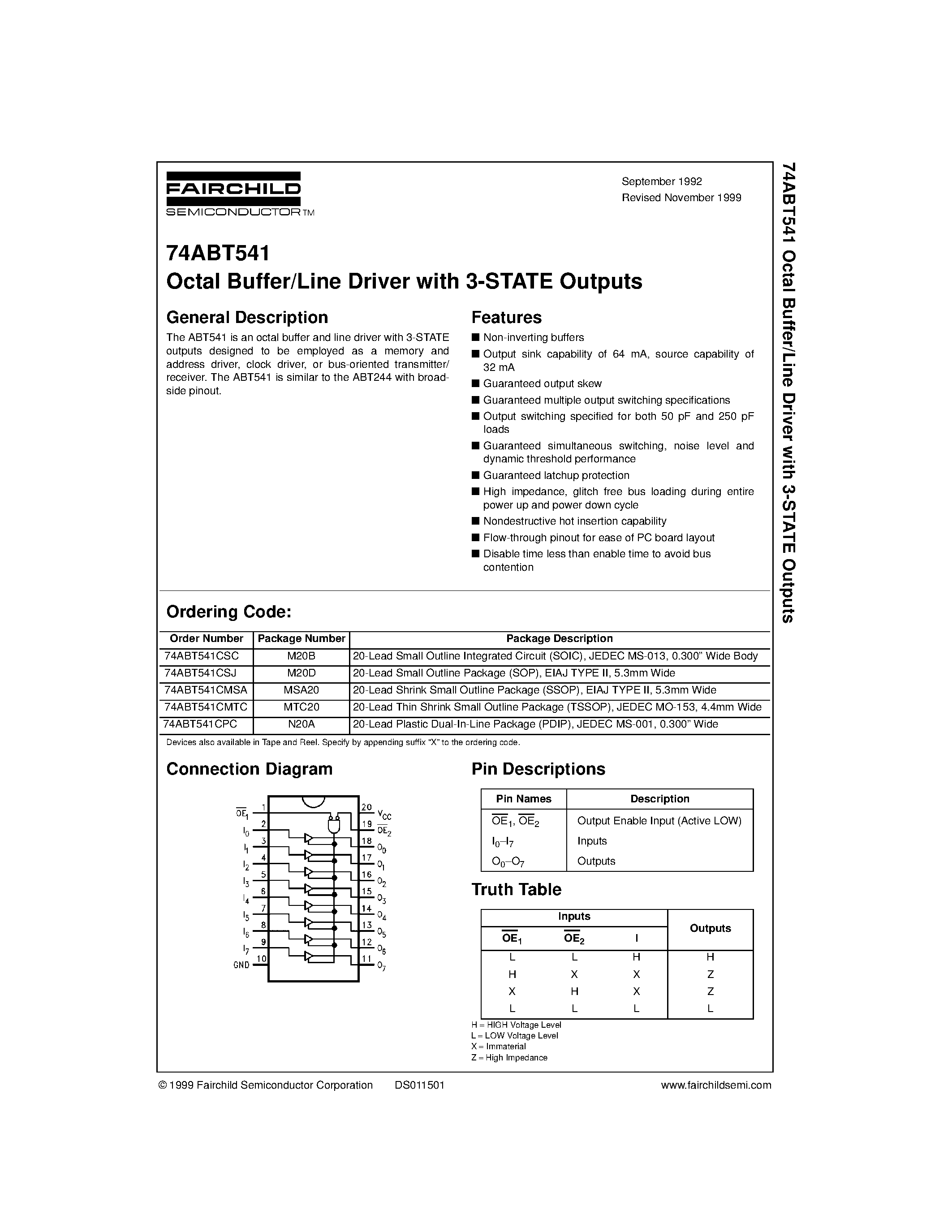 Datasheet 74ABT541 page 1 Datasheet 74ABT541 - Octal Buffer/Line Driver with 3-STATE Outputs page 1