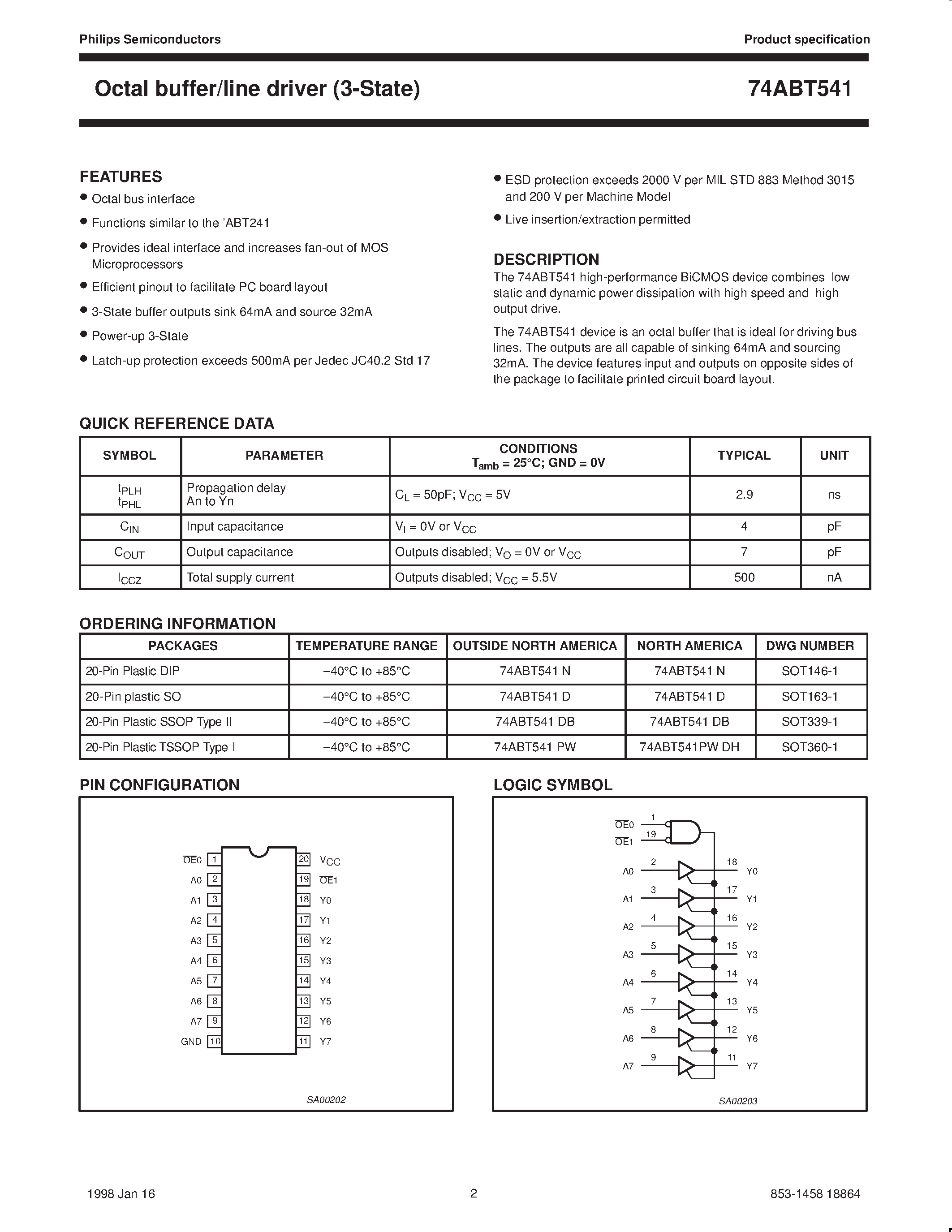 Datasheet 74ABT541PW - Octal buffer/line driver 3-State page 2