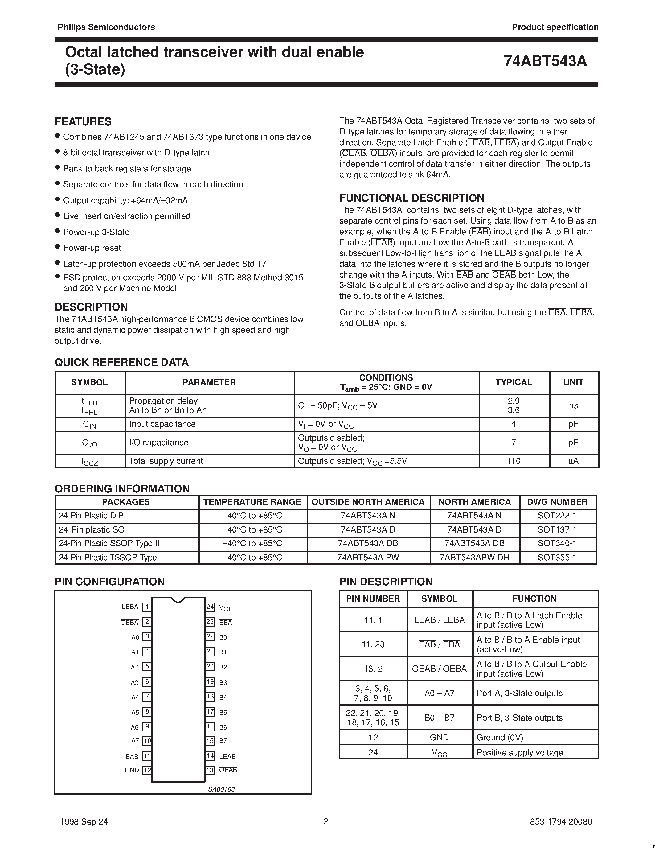 Datasheet 74ABT543AD - Octal latched transceiver with dual enable 3-State page 2