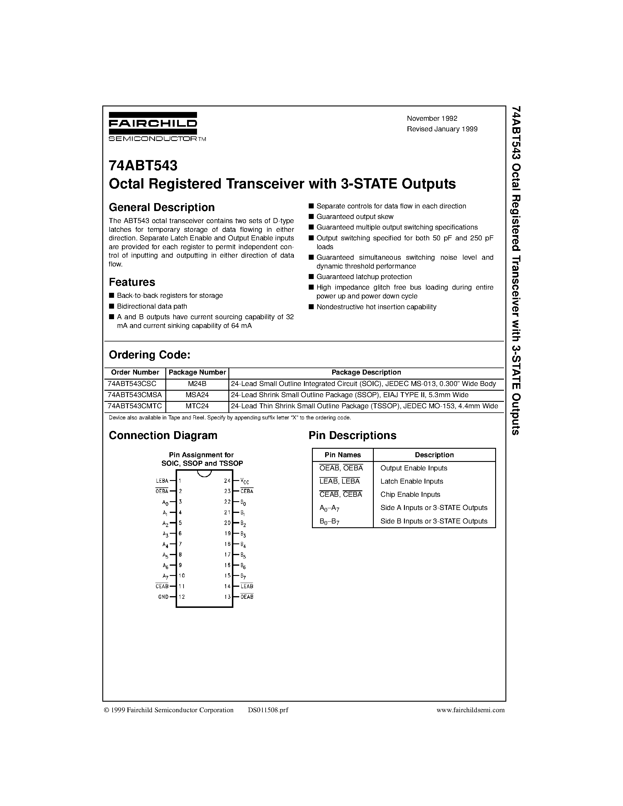 Datasheet 74ABT543CMTC page 1 Datasheet 74ABT543CMTC - Octal Registered Transceiver with 3-STATE Outputs page 1