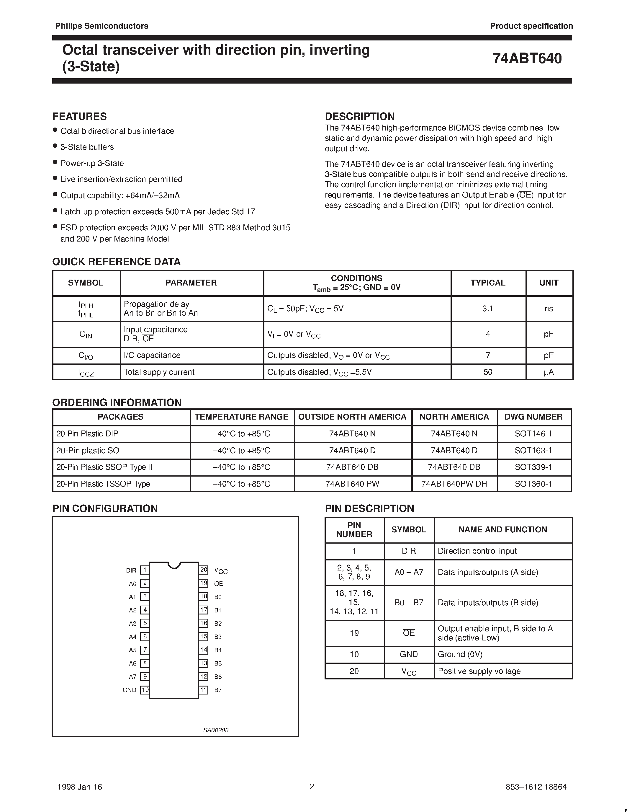 Даташит 74ABT640PW - Octal transceiver with direction pin/ inverting 3-State страница 2