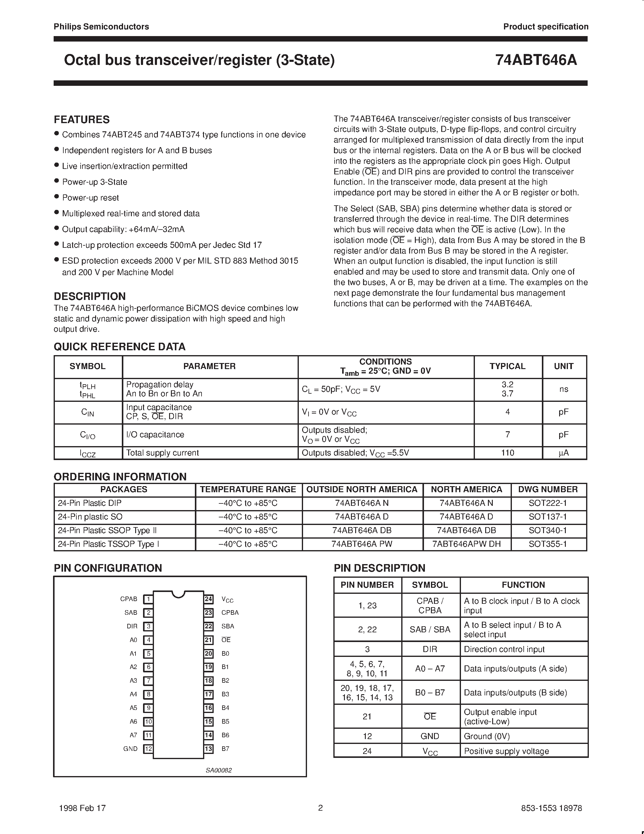 Даташит 74ABT646AD - Octal bus transceiver/register 3-State страница 2