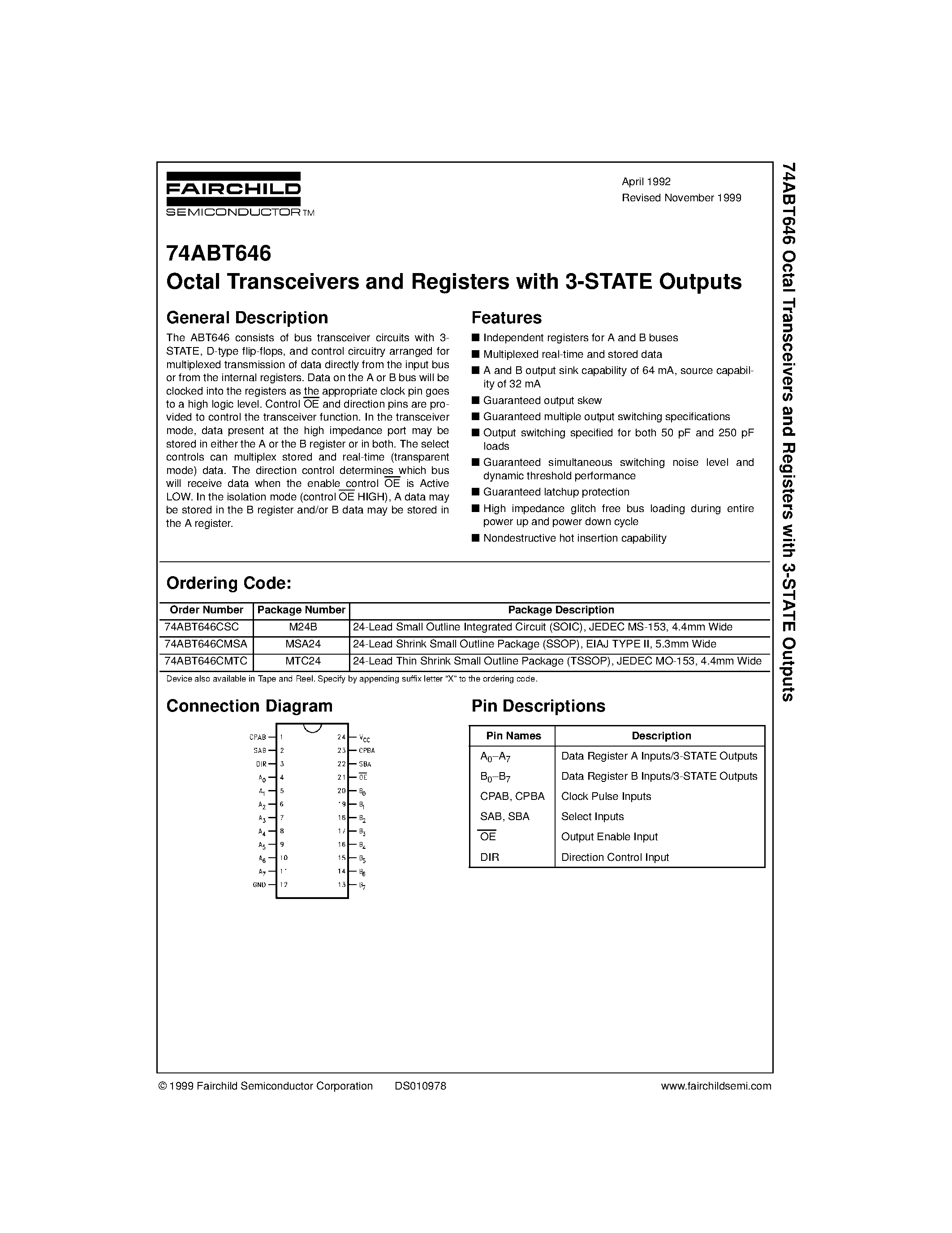 Даташит 74ABT646CMTC - Octal Transceivers and Registers with 3-STATE Outputs страница 1