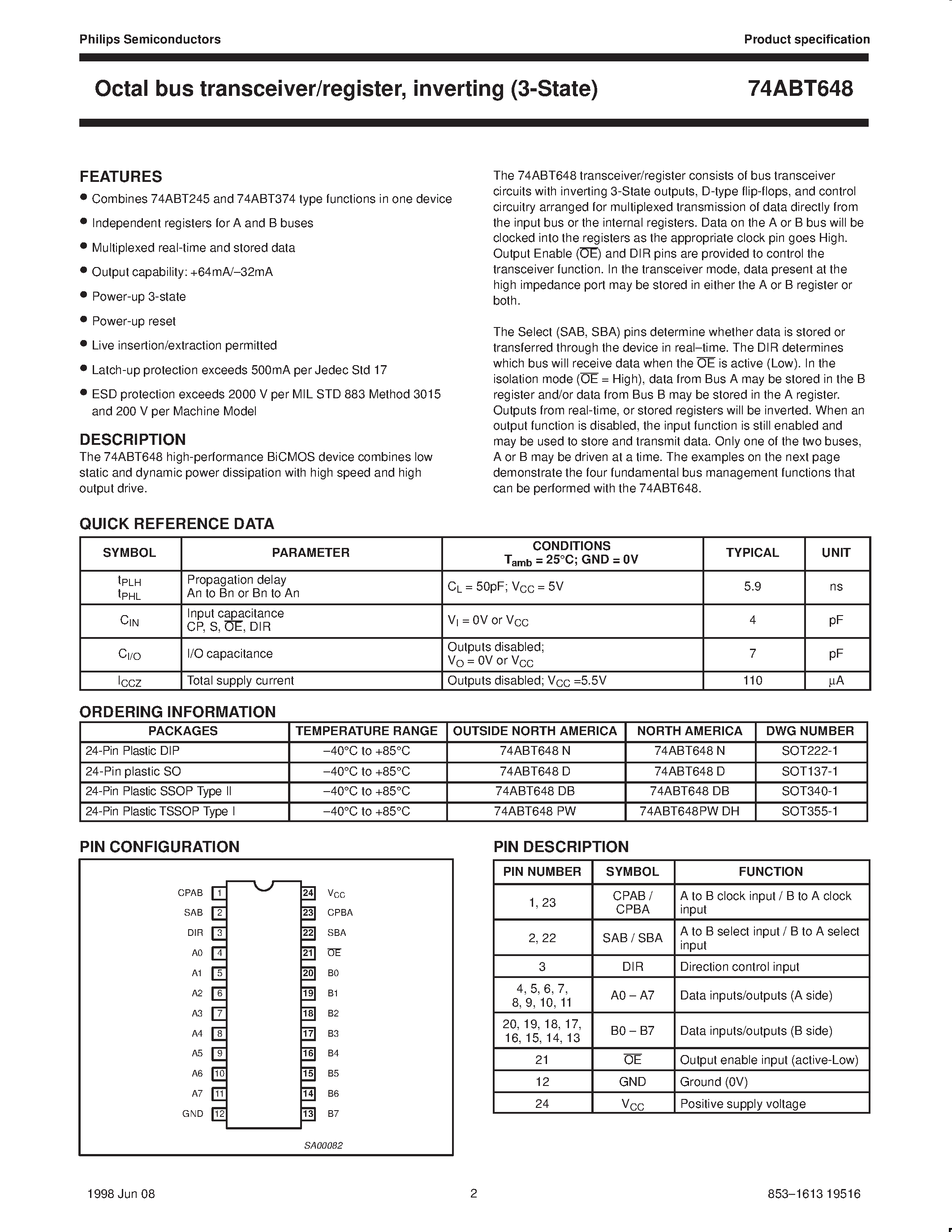 Даташит 74ABT648PW - Octal transceiver/register/ inverting 3-State страница 2