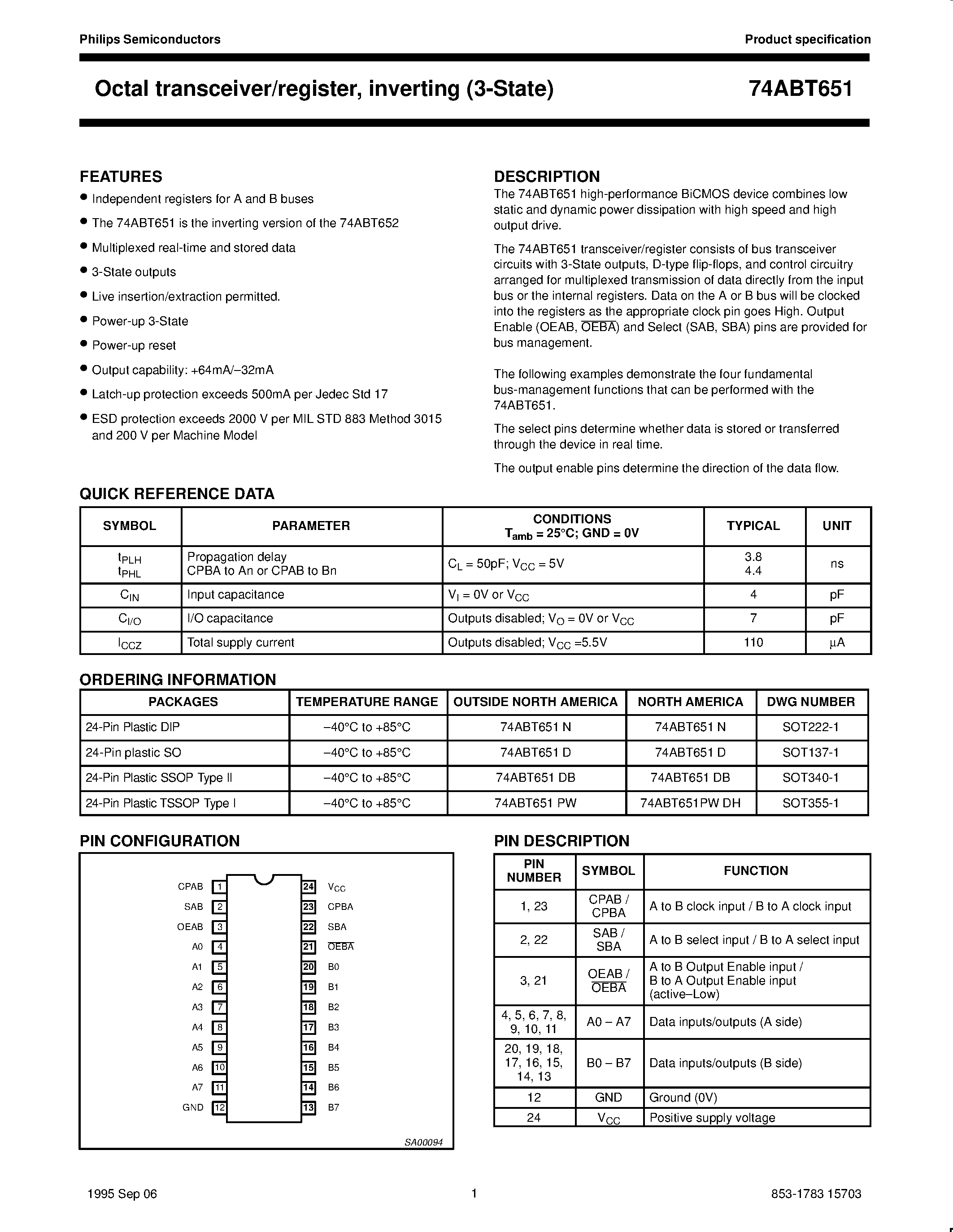 Даташит 74ABT651PW - Octal transceiver/register/ inverting 3-State страница 1