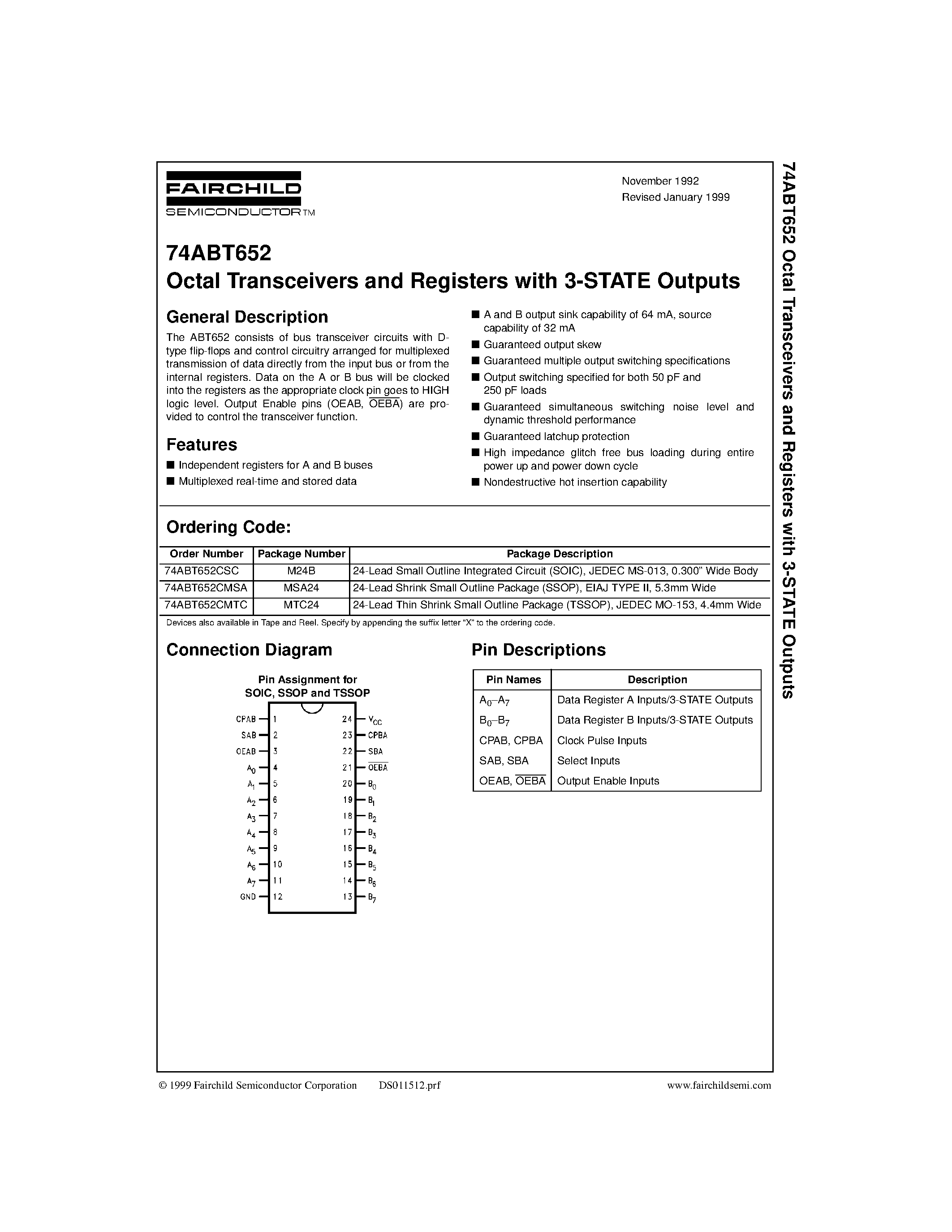 Даташит 74ABT652CSC - Octal Transceivers and Registers with 3-STATE Outputs страница 1