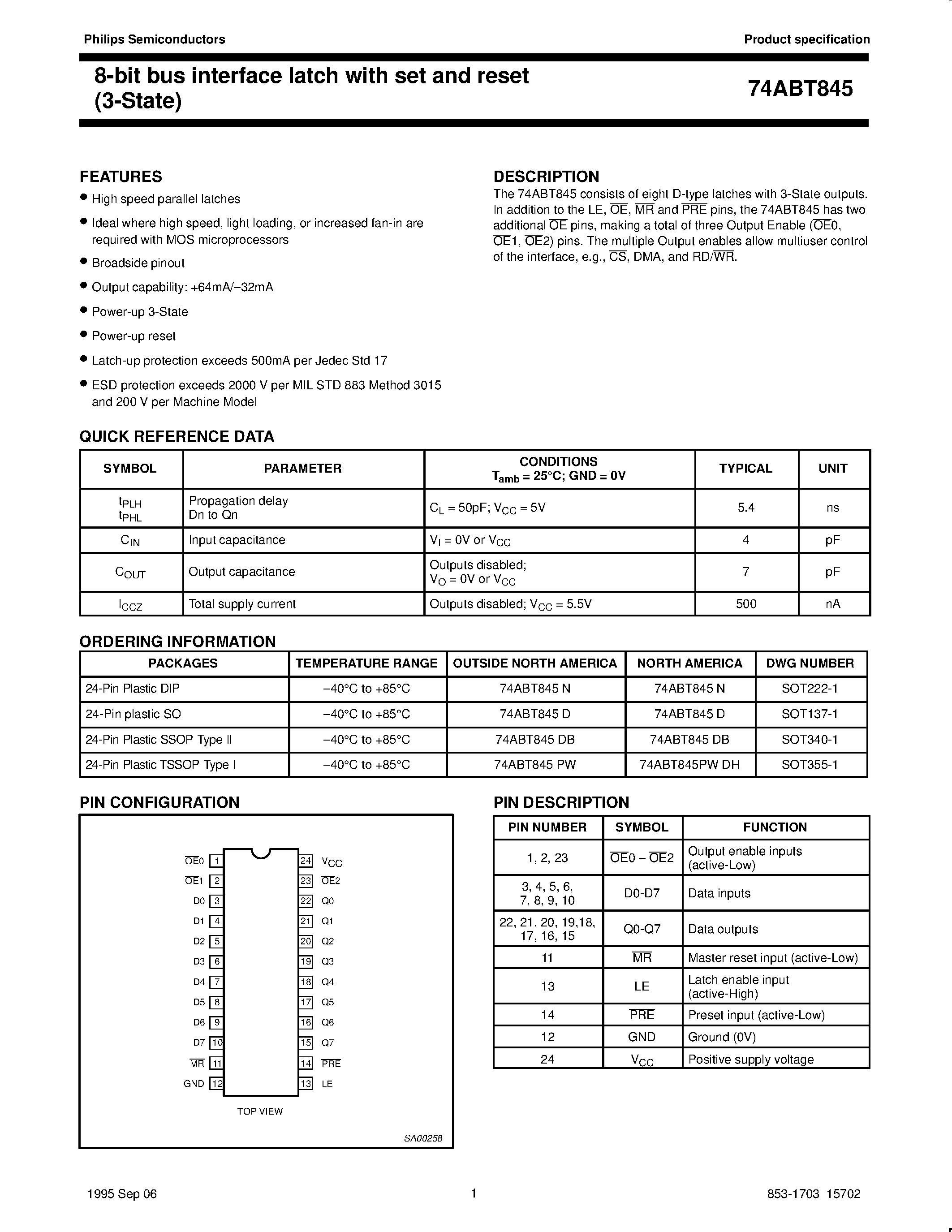 Даташит 74ABT845N - 8-bit bus interface latch with set and reset 3-State страница 1
