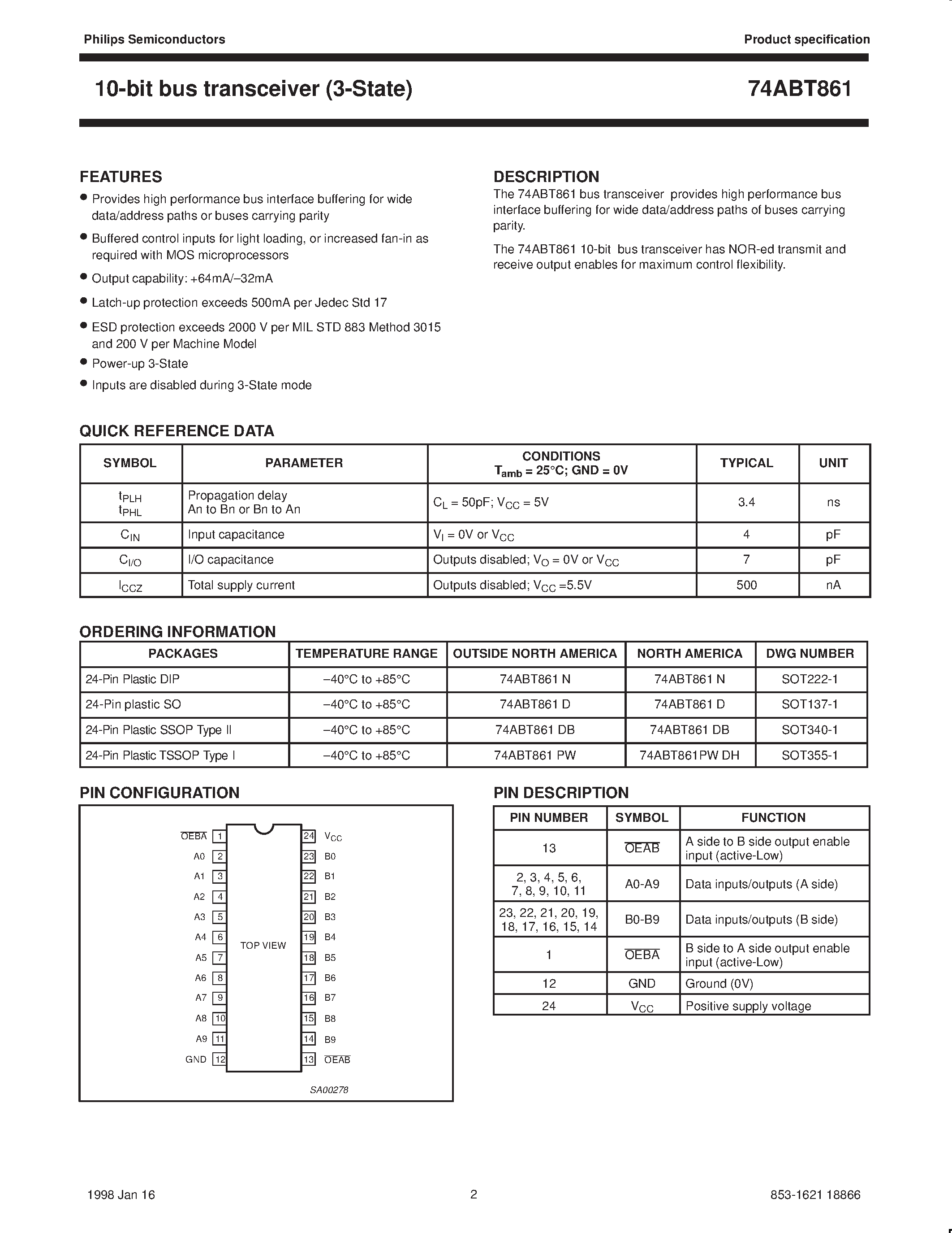 Даташит 74ABT861D - 10-bit bus transceiver 3-State страница 2