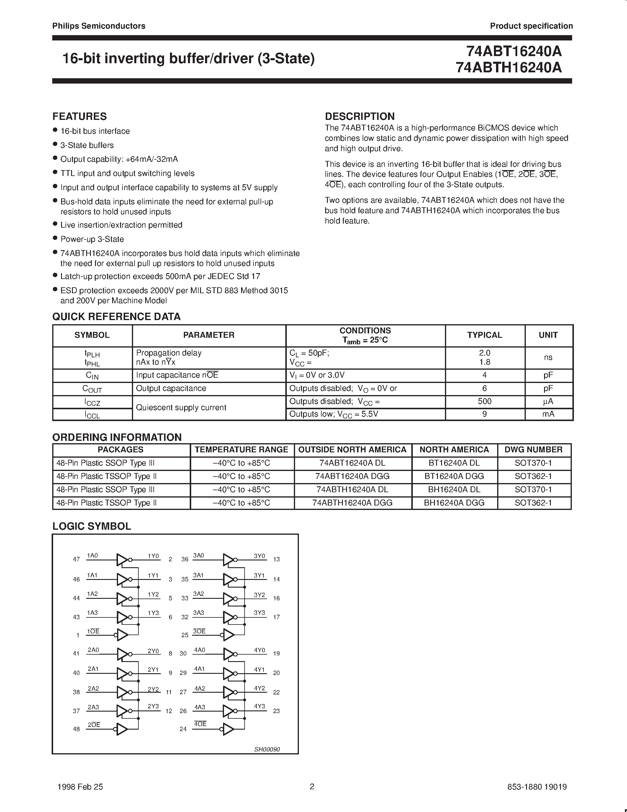 Даташит 74ABTH16241A - 16-bit buffer/driver 3-State страница 2