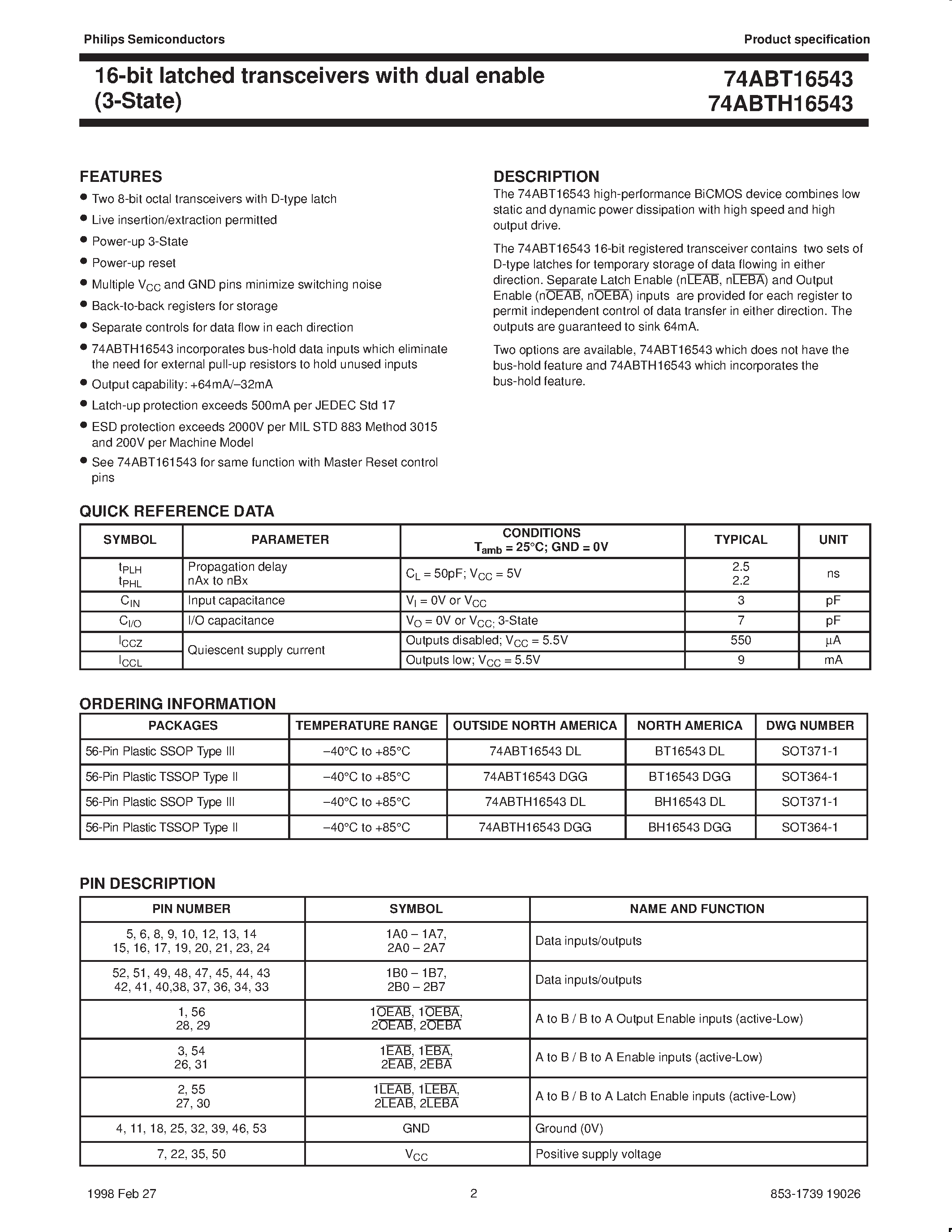 Datasheet 74ABTH16543DL - 16-bit latched transceivers with dual enable 3-State page 2