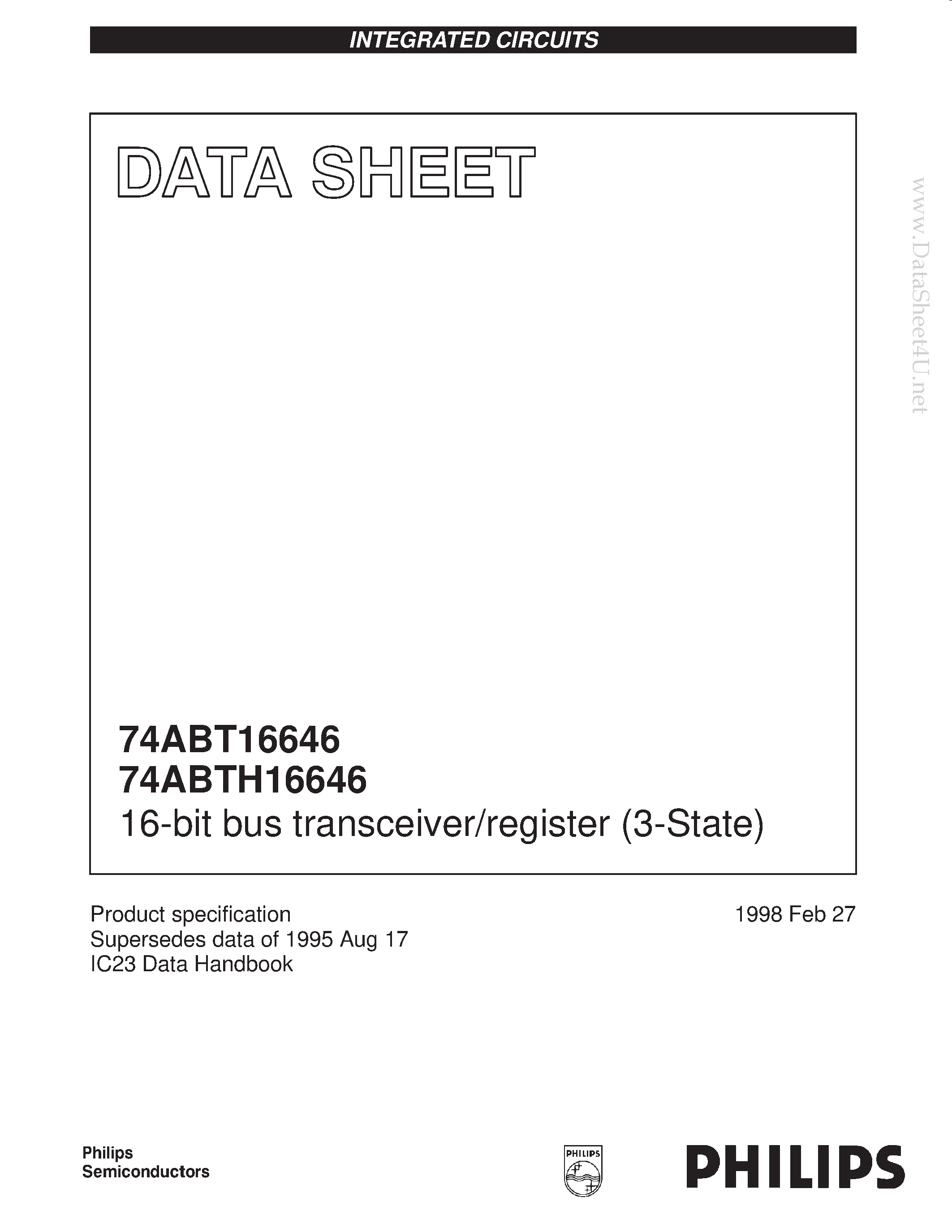 Datasheet 74ABTH16646DL page 1 Datasheet 74ABTH16646DL - 16-bit bus transceiver/register 3-State page 1