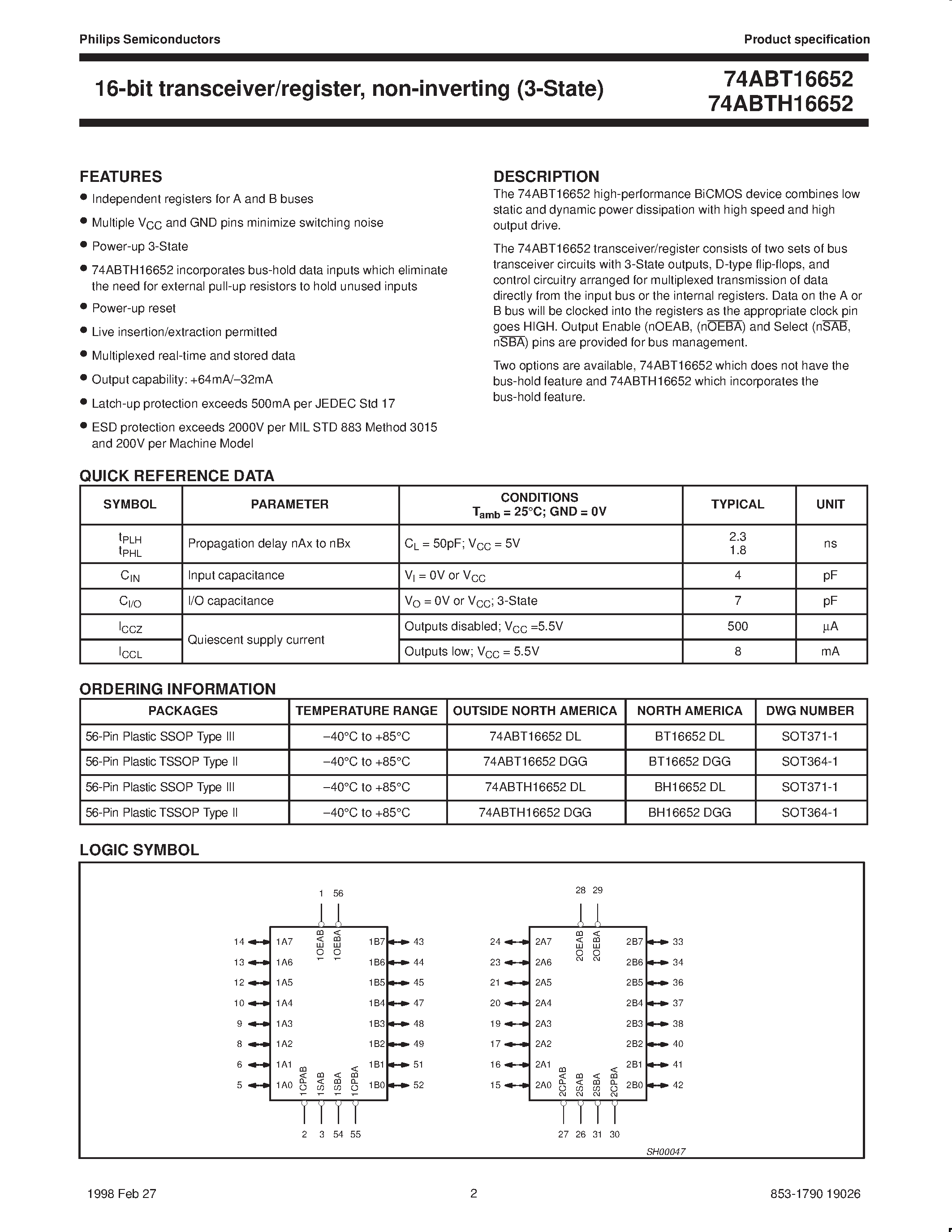 Datasheet 74ABTH16652 - 16-bit transceiver/register/ non-inverting 3-State page 2