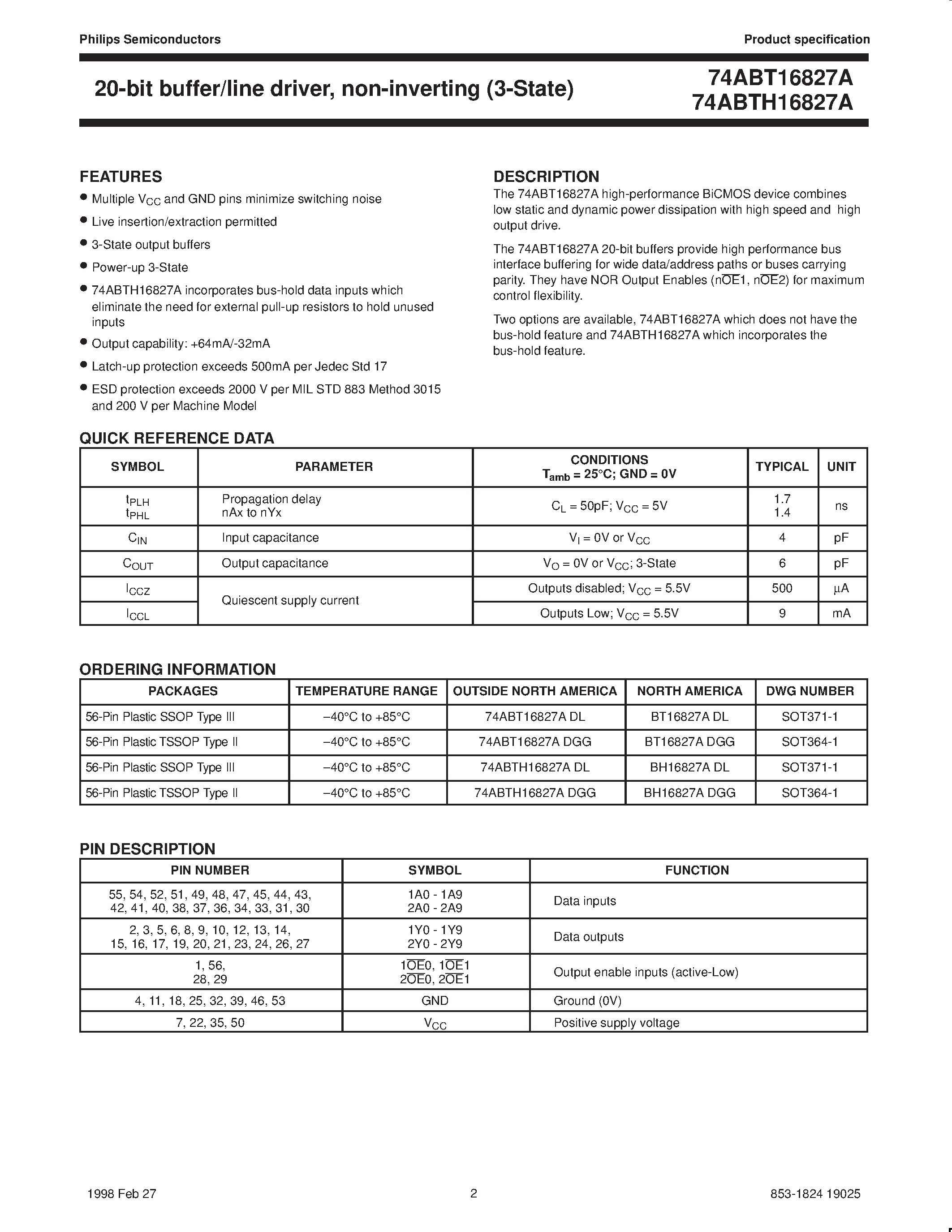 Datasheet 74ABTH16827ADGG - 20-bit buffer/line driver/ non-inverting 3-State page 2