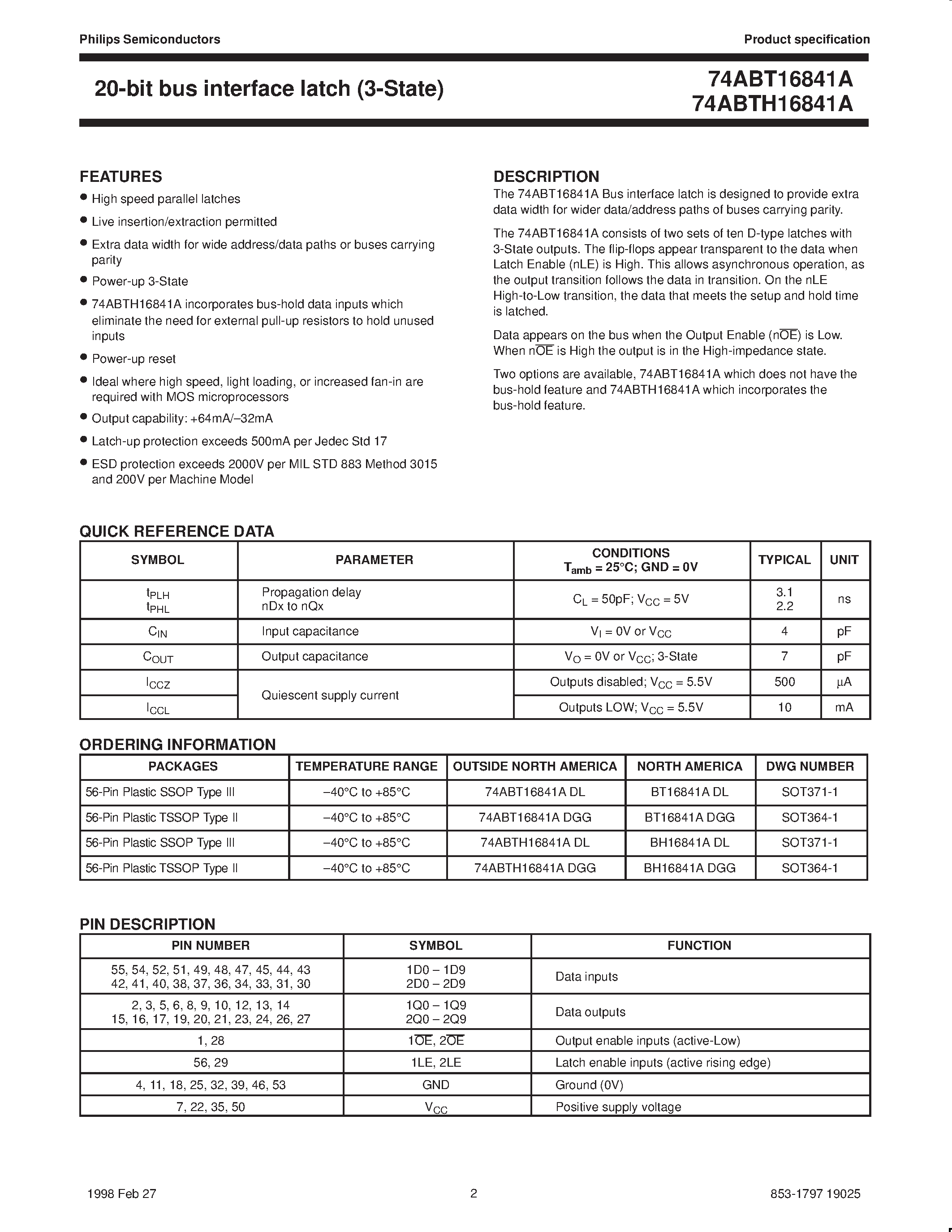 Datasheet 74ABTH16841A - 20-bit bus interface latch 3-State page 2