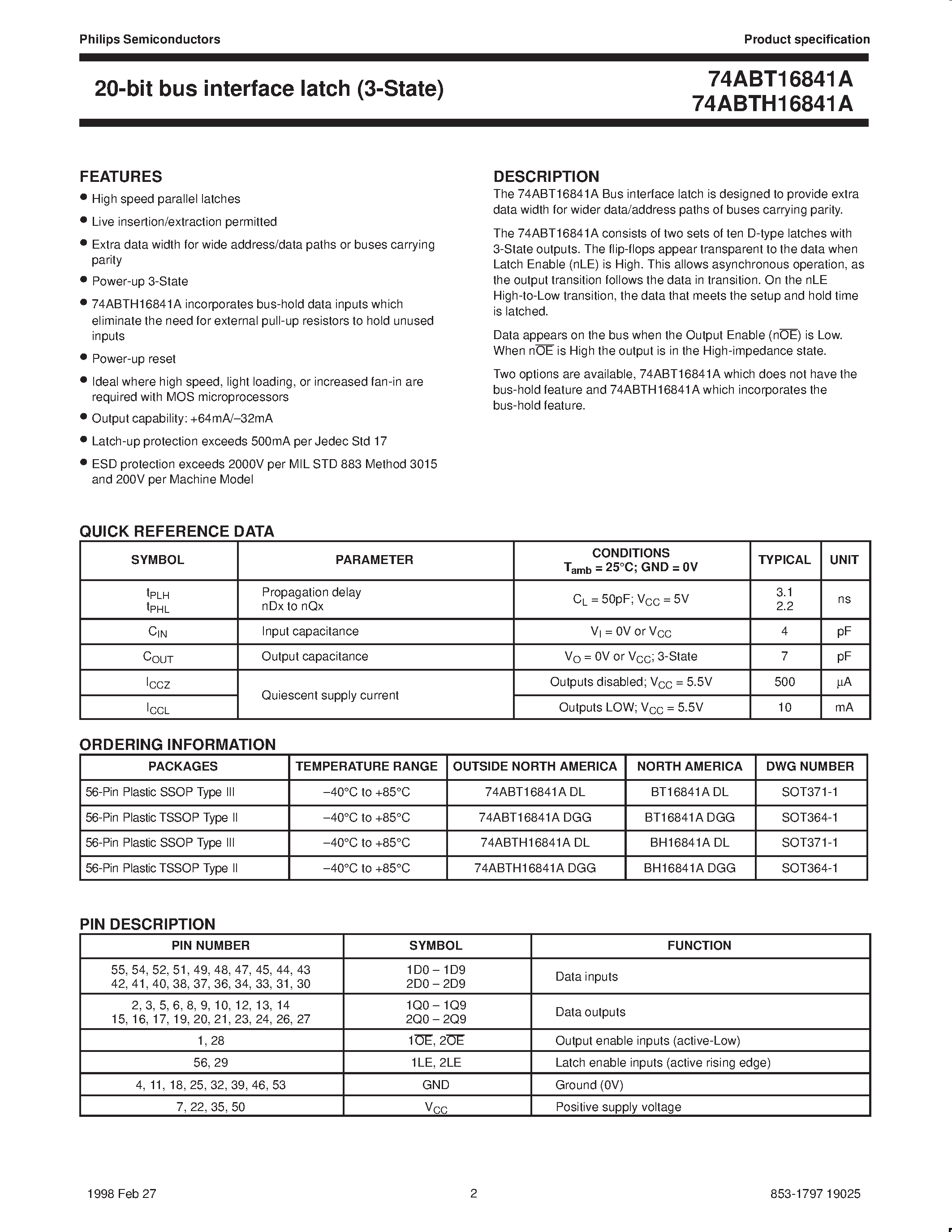 Datasheet 74ABTH16841ADGG - 20-bit bus interface latch 3-State page 2