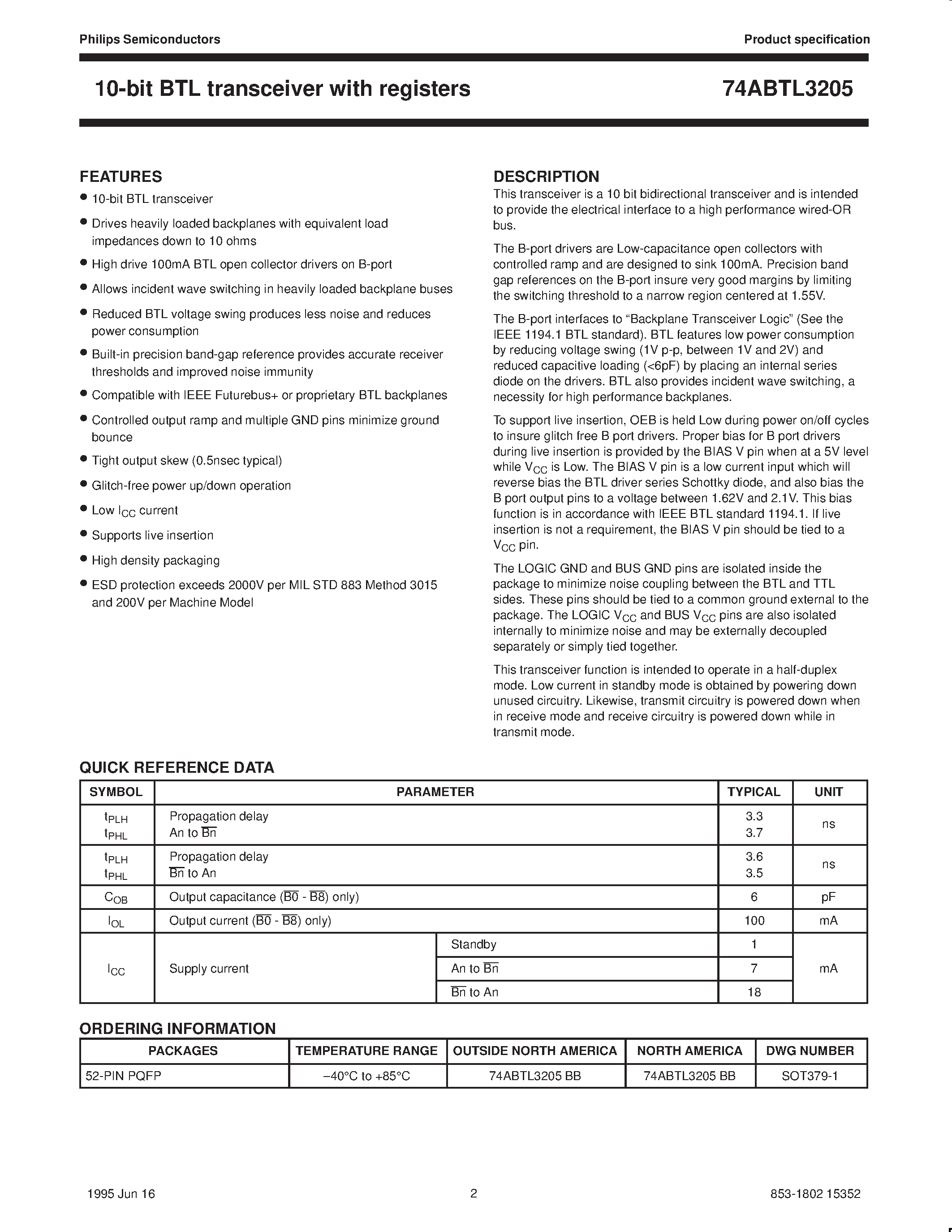 Datasheet 74ABTL3205BB - 10-bit BTL transceiver with registers page 2