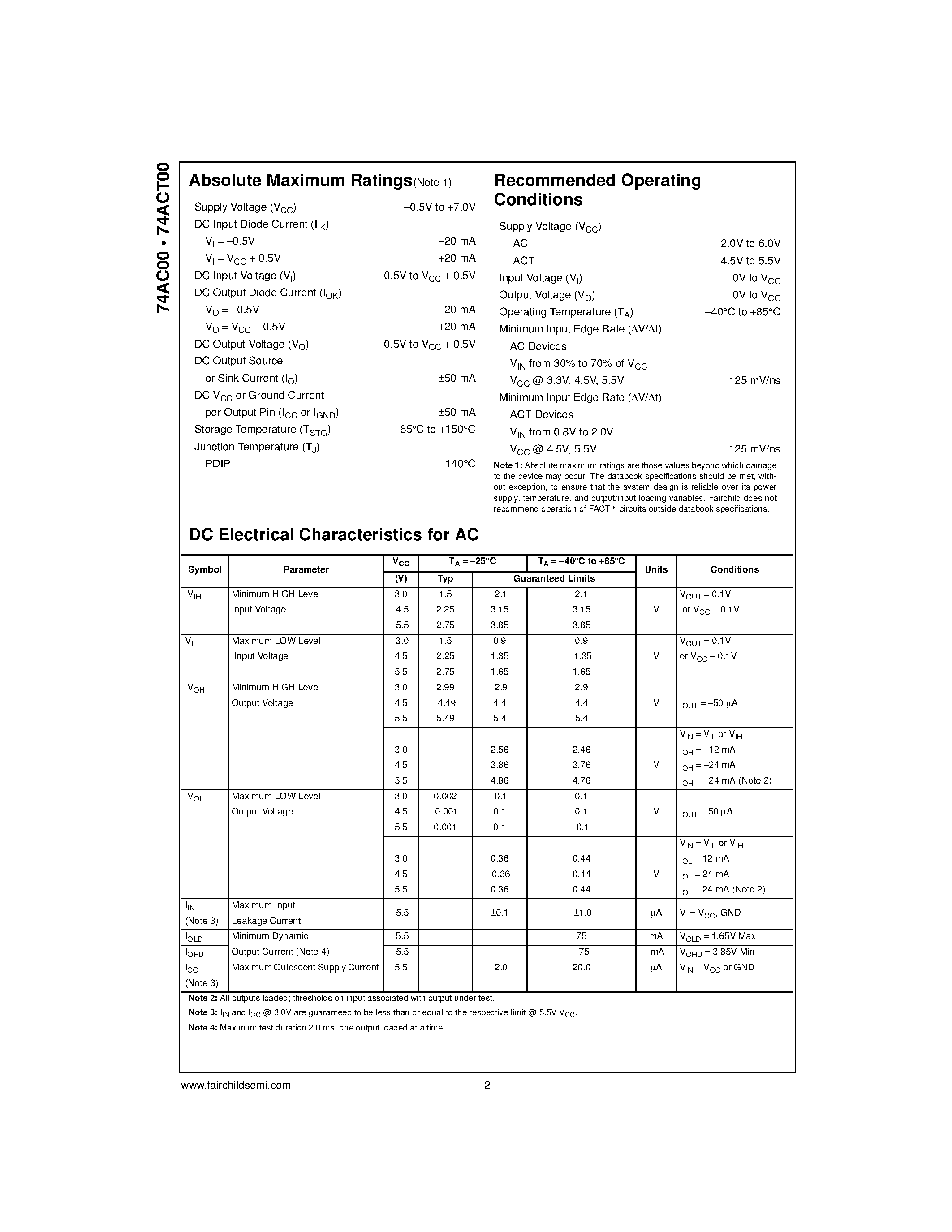 Даташит на микросхему 74AC00PC страница 2 Даташит 74AC00PC - Quad 2-Input NAND Gate страница 2